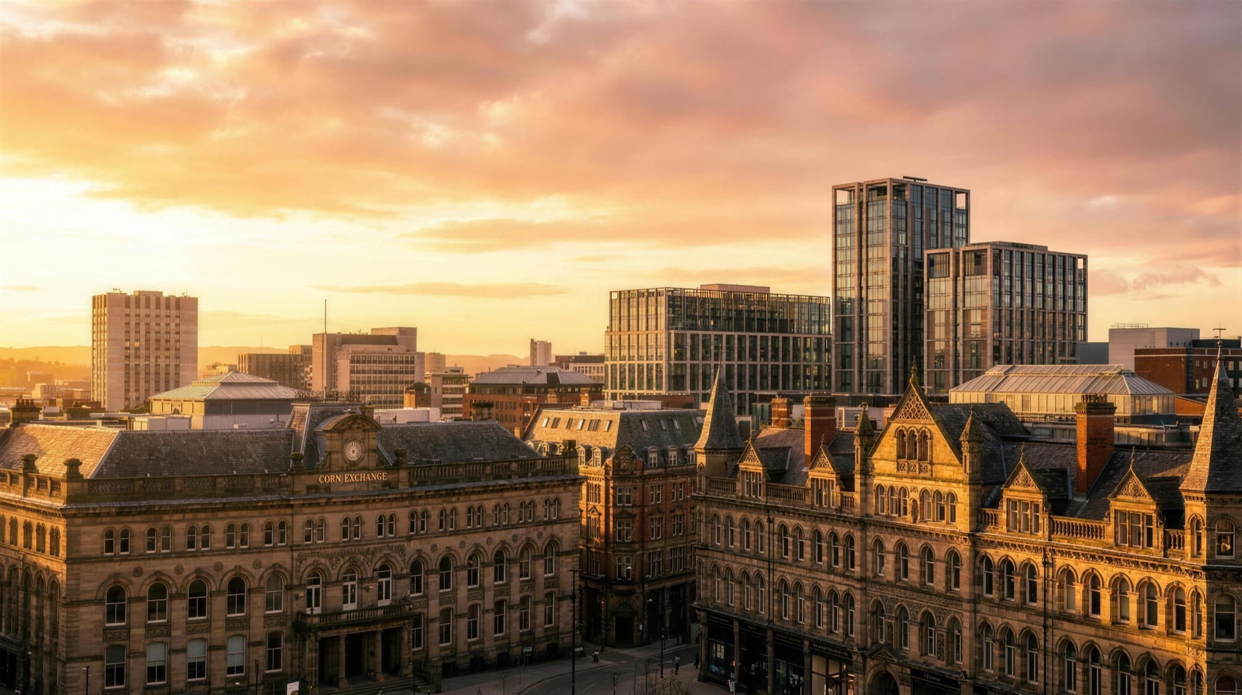 The Leeds city skyline at golden hour