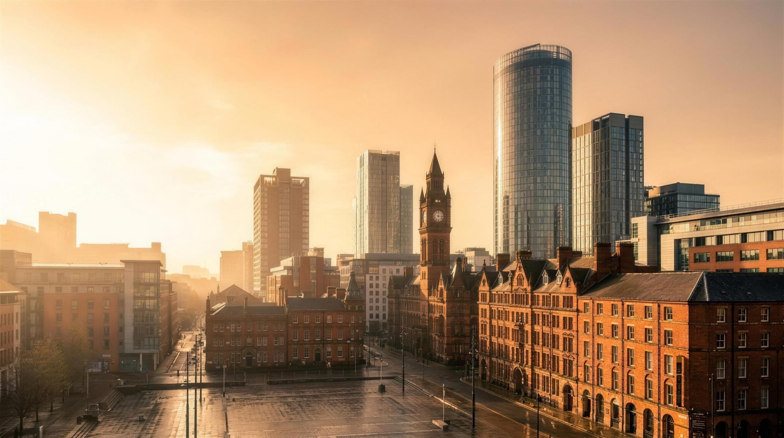 The Manchester city skyline at golden hour