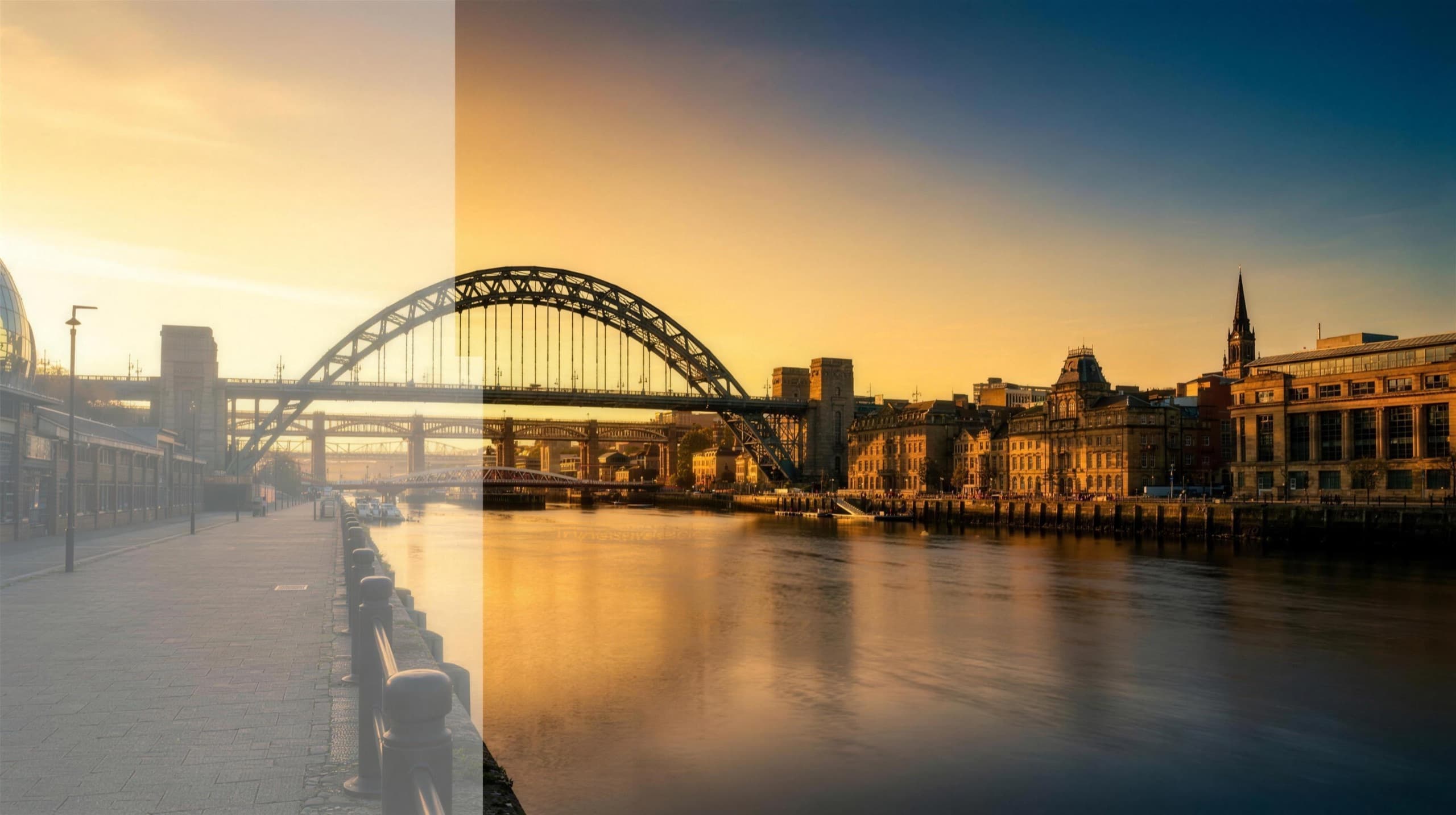 Newcastle quayside and the Tyne Bridge at golden hour