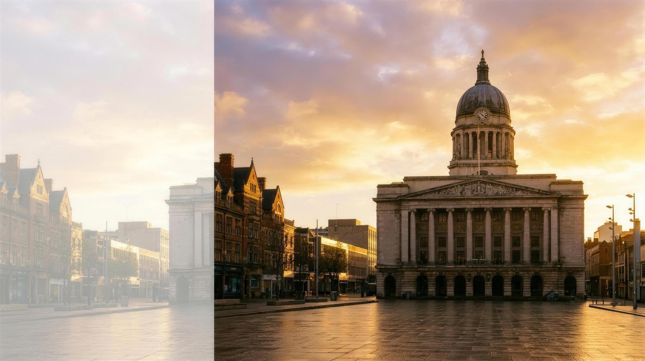 Nottingham Old Market Square and Council House at golden hour
