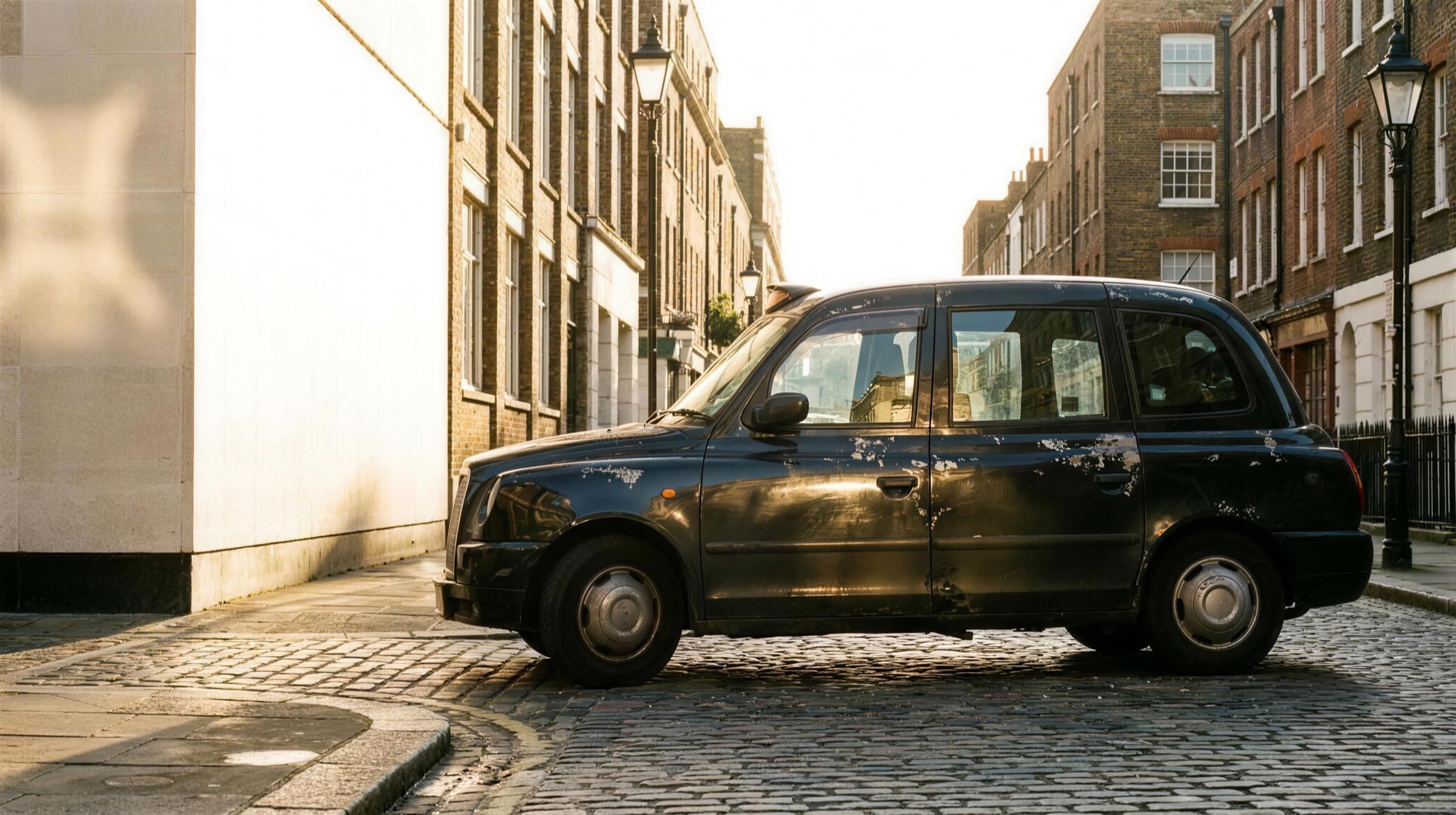 An older diesel London black cab on a golden-hour street