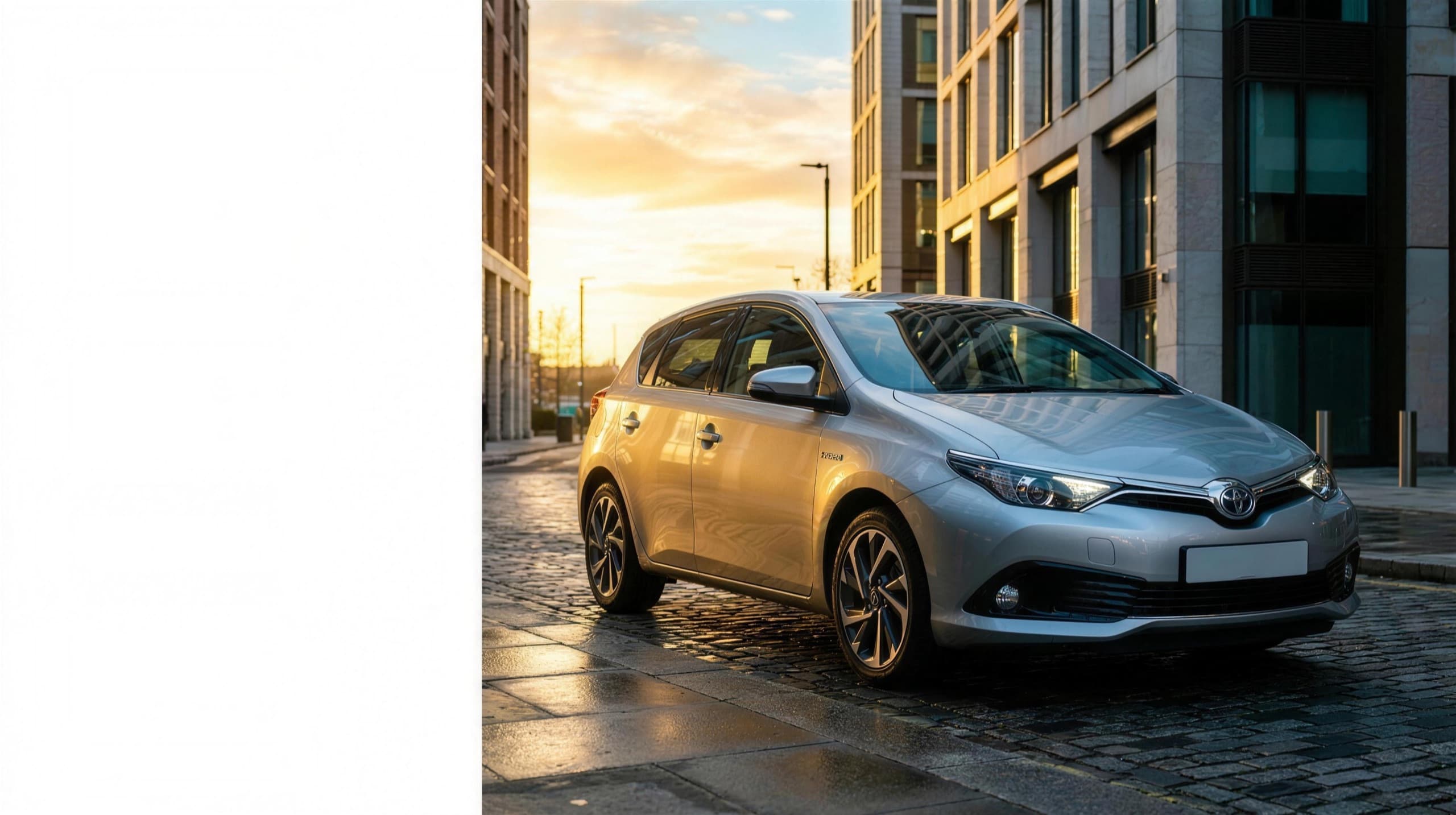A silver Toyota Auris hybrid private-hire car on a golden-hour city street