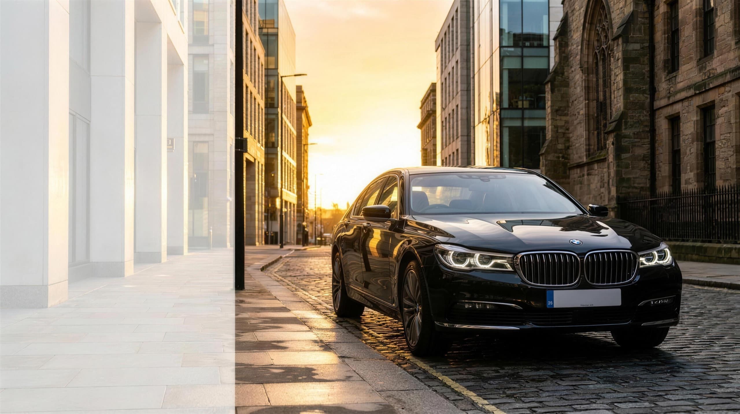 A black BMW 7 Series executive chauffeur car on a golden-hour city street