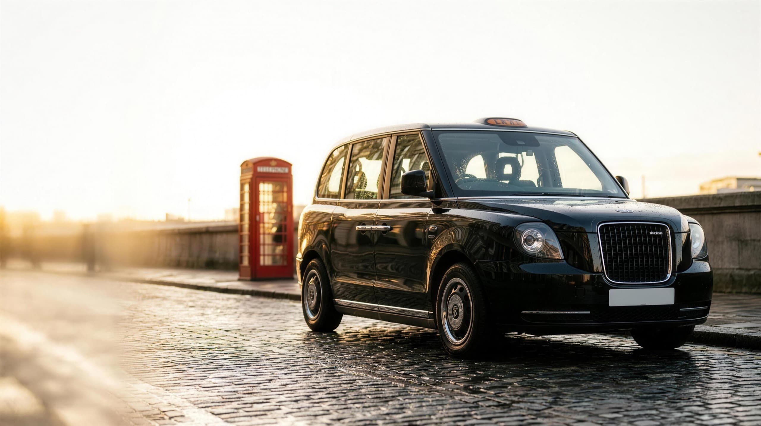A black London hackney cab on a wet cobbled golden-hour street