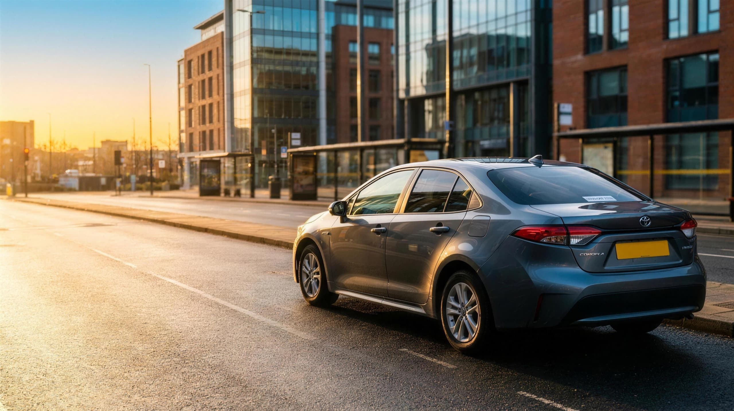 A grey Toyota Corolla hybrid private-hire saloon on a golden-hour city street