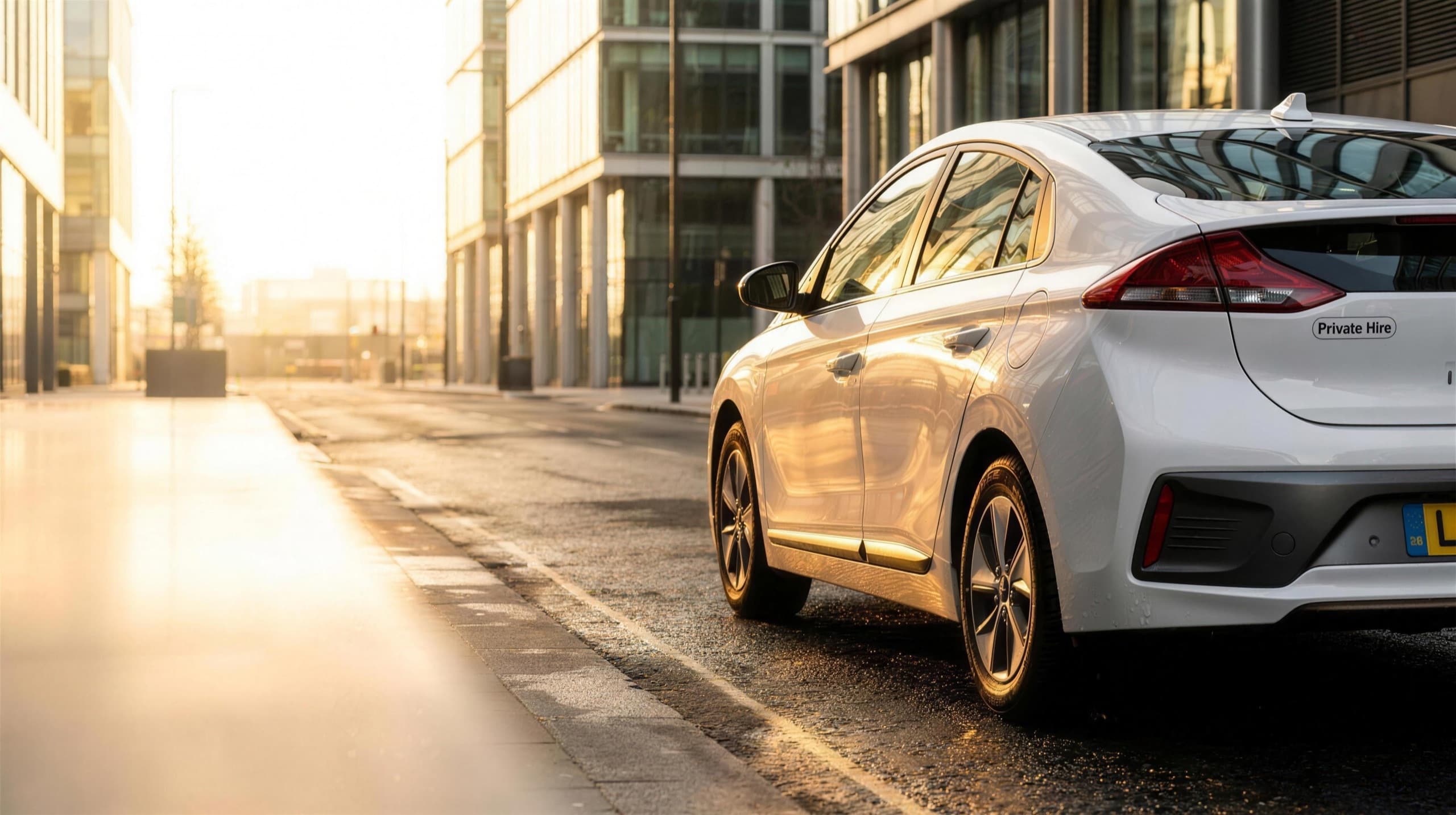 A white Hyundai Ioniq hybrid private-hire car on a golden-hour city street
