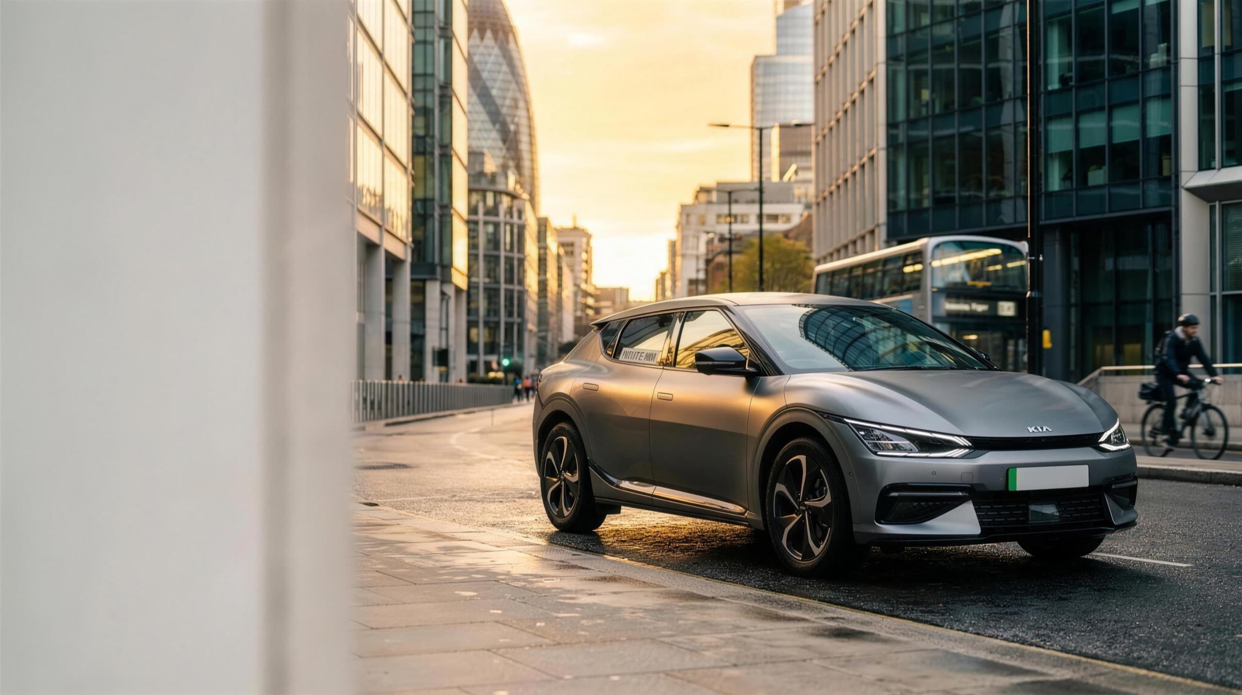 A grey Kia EV6 electric private-hire car on a golden-hour city street