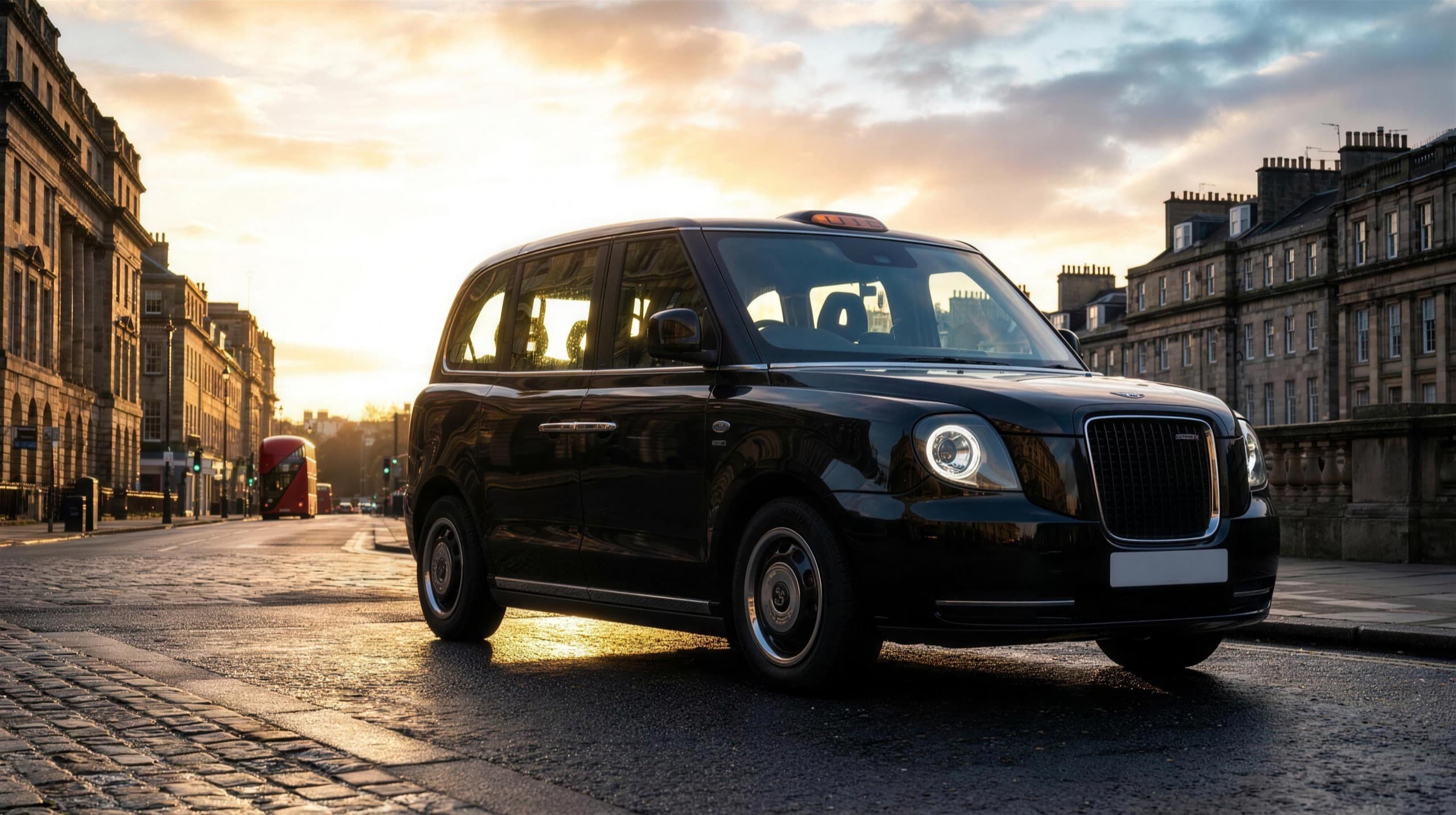 An electric LEVC TX London black cab on a wet cobbled East London street at dusk