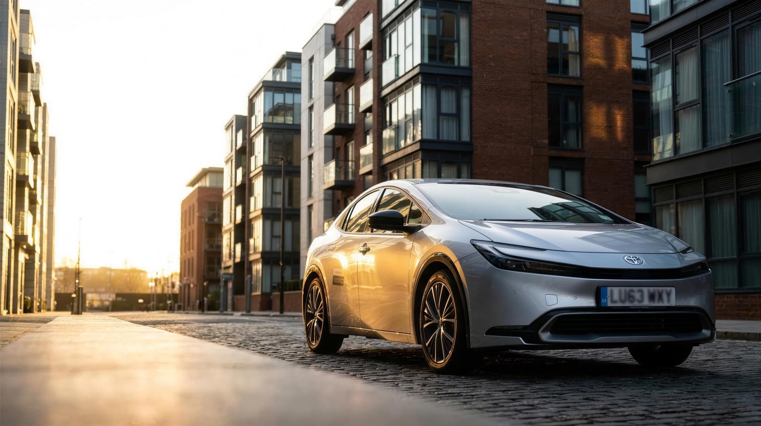 A silver Toyota Prius private-hire car on a golden-hour city street