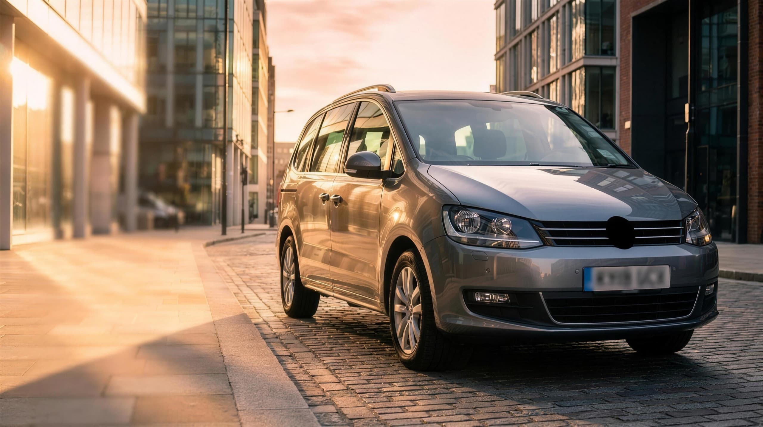 A seven-seat MPV people-carrier private-hire car on a golden-hour city street