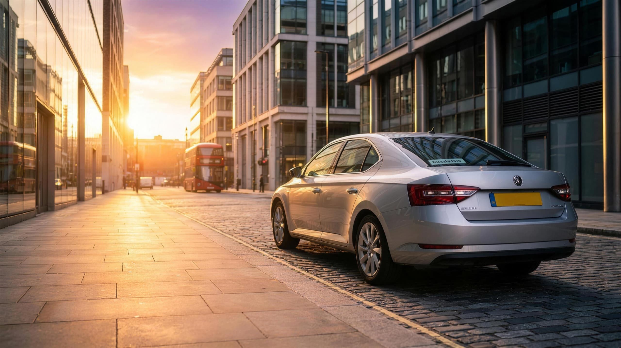 A silver Skoda saloon private-hire car on a golden-hour city street