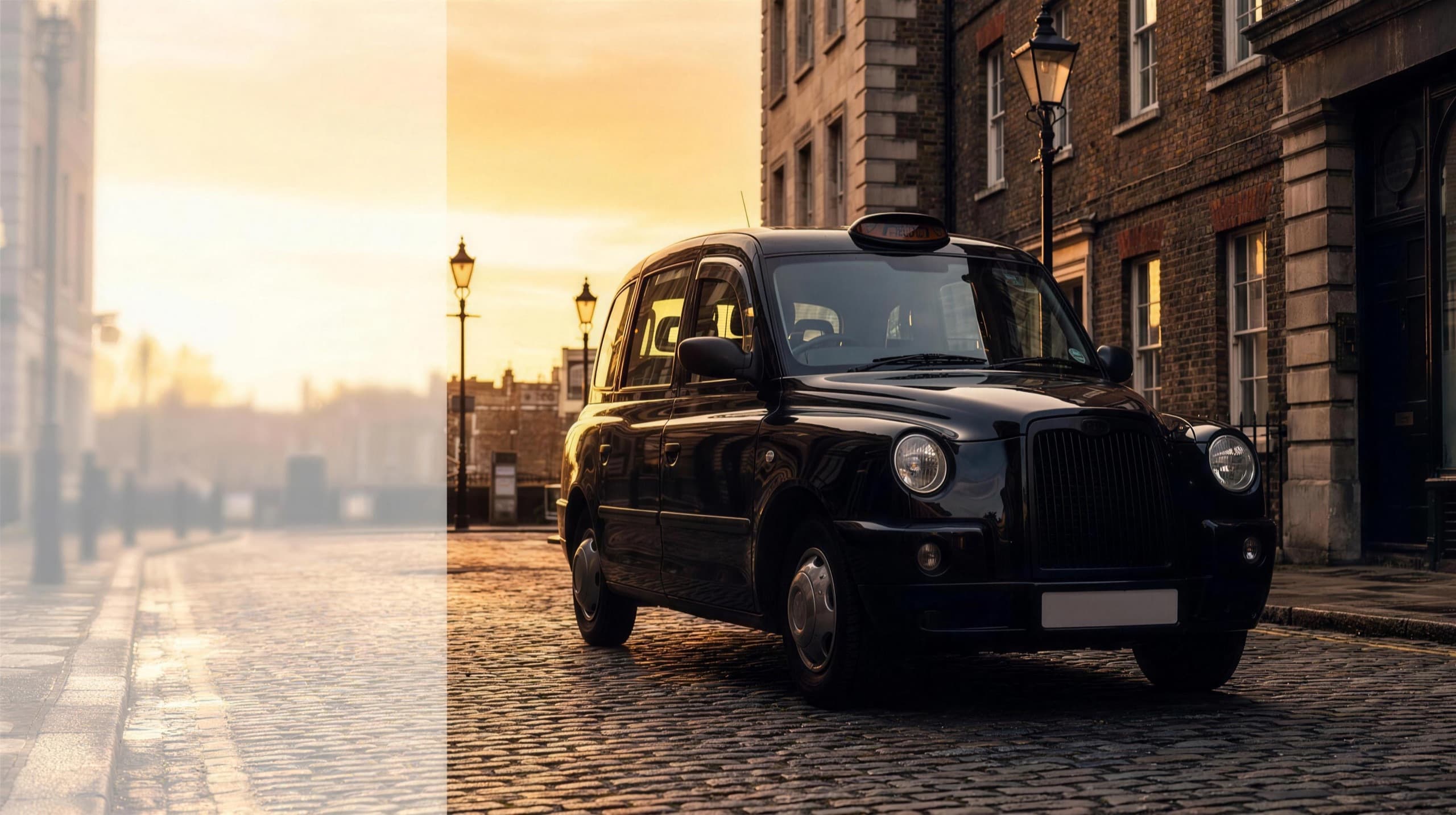 A classic diesel TX4 London black cab on a golden-hour London street