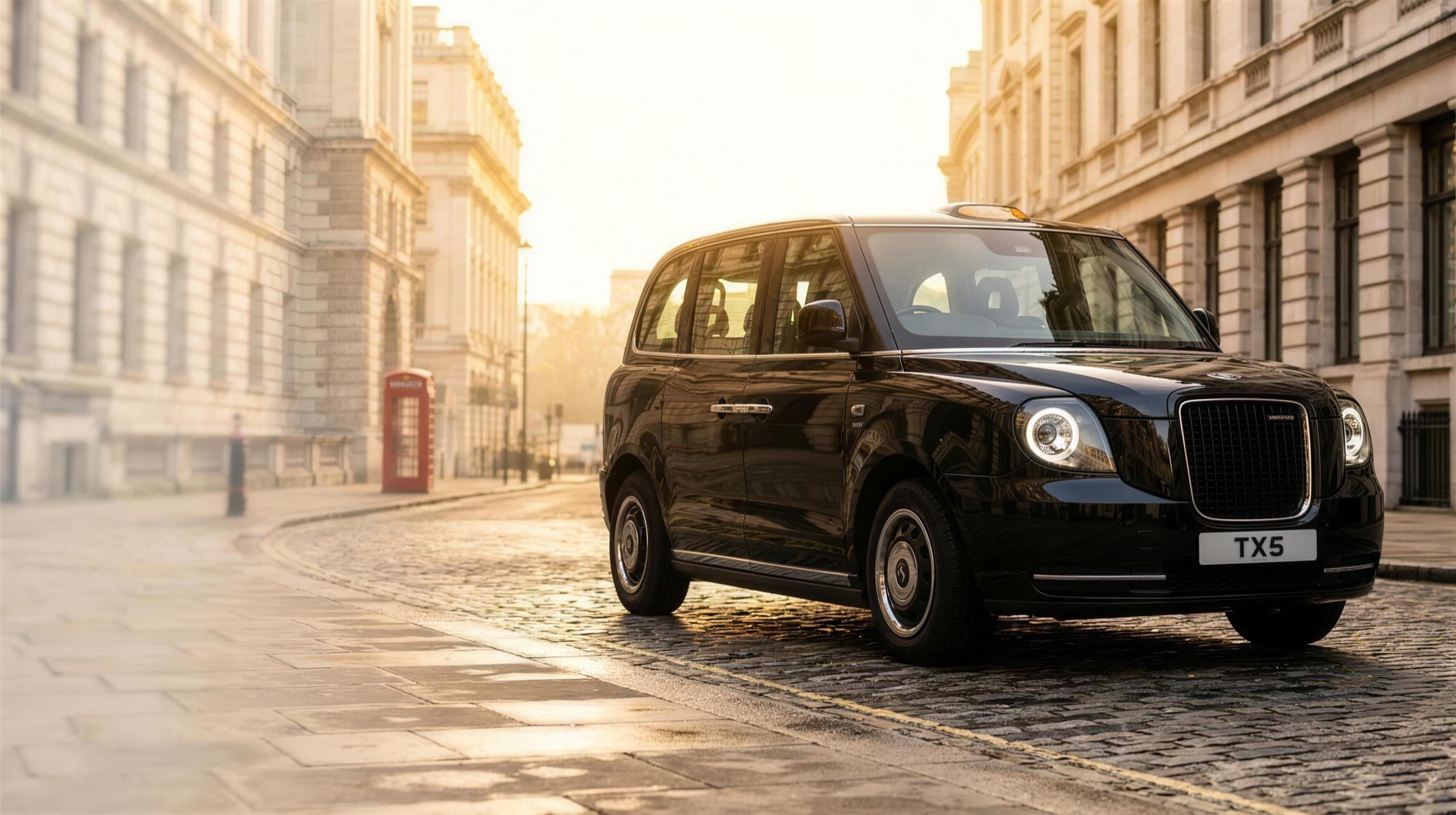 An electric LEVC TX5 London black cab on a golden-hour London street