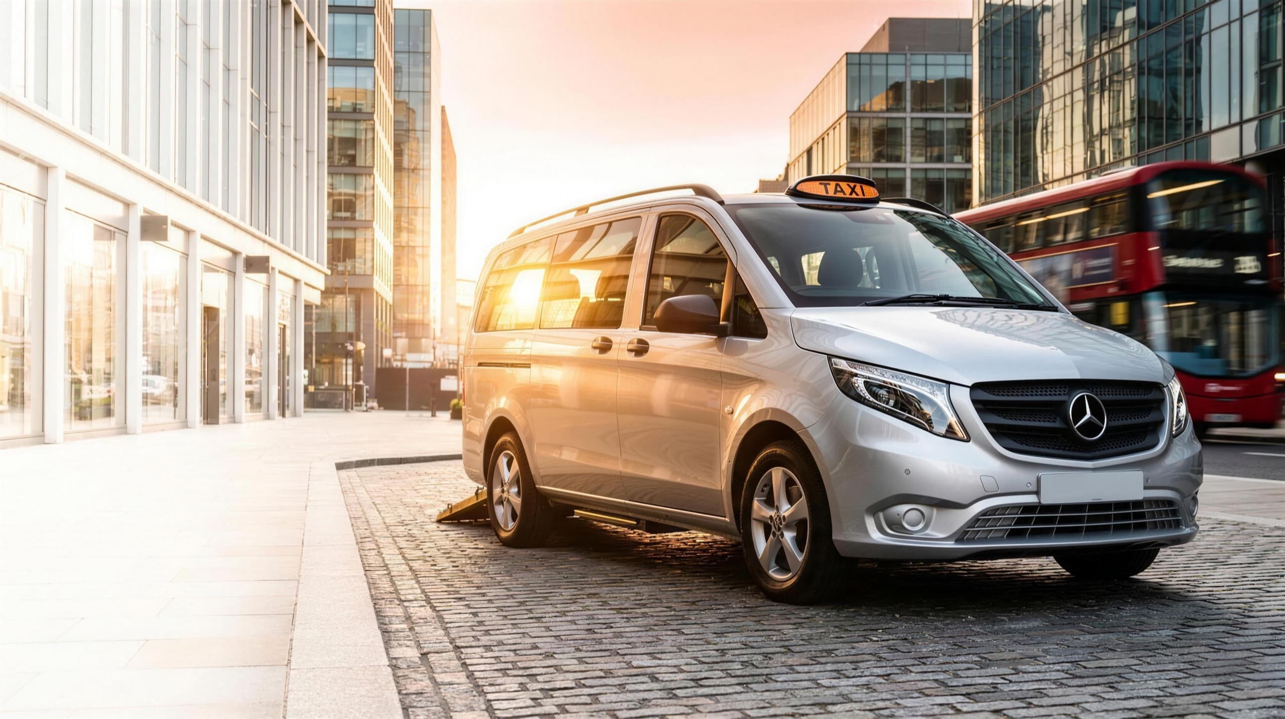A silver Mercedes-Benz Vito taxi people-carrier on a golden-hour city street