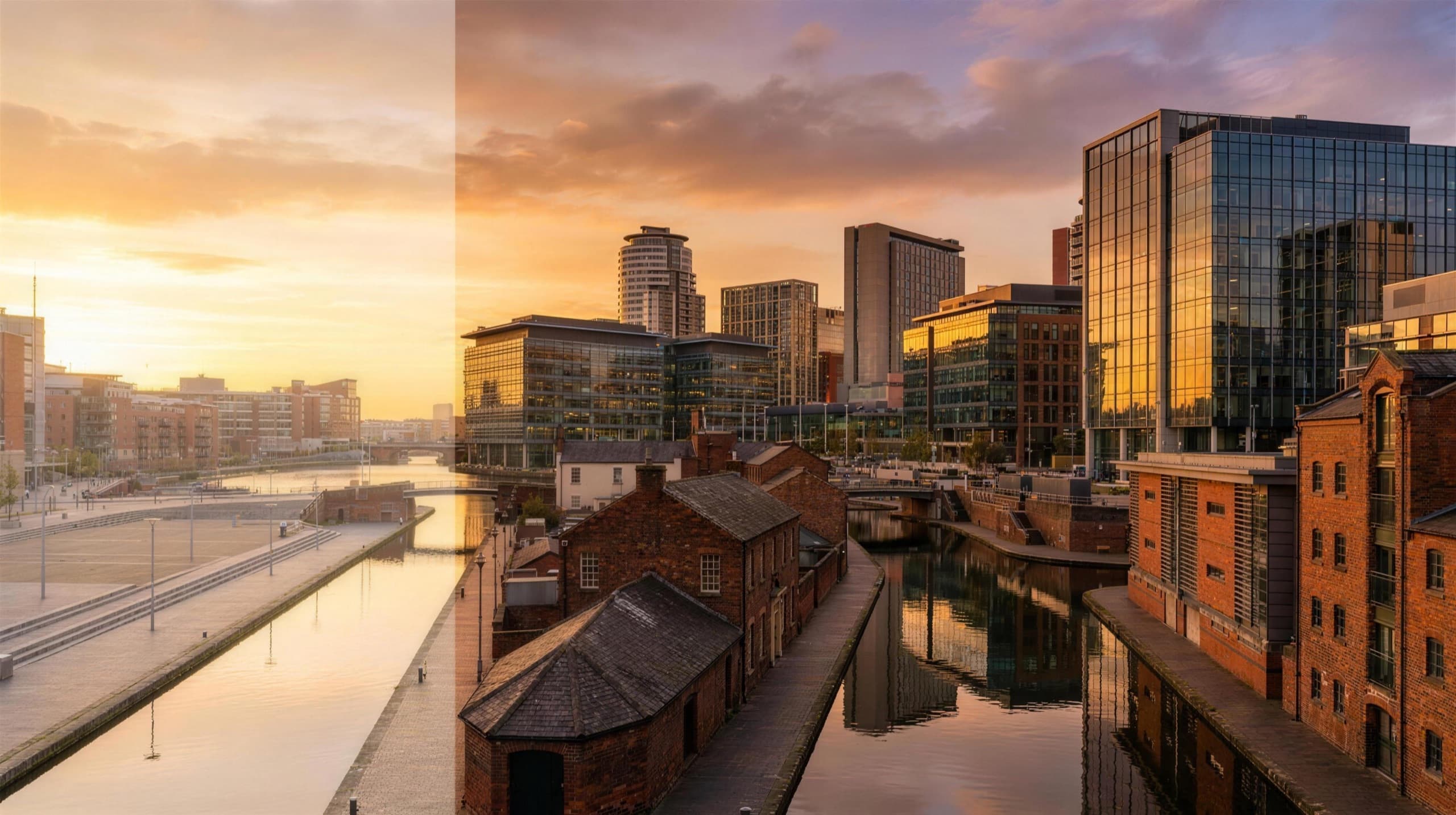 Birmingham city centre and canals at golden hour