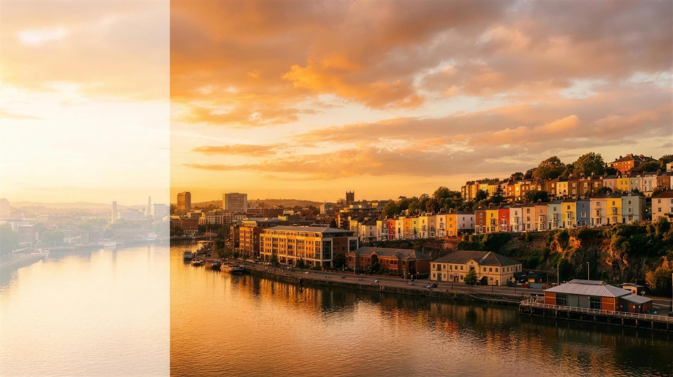 Bristol harbourside and the Clifton hillside at golden hour