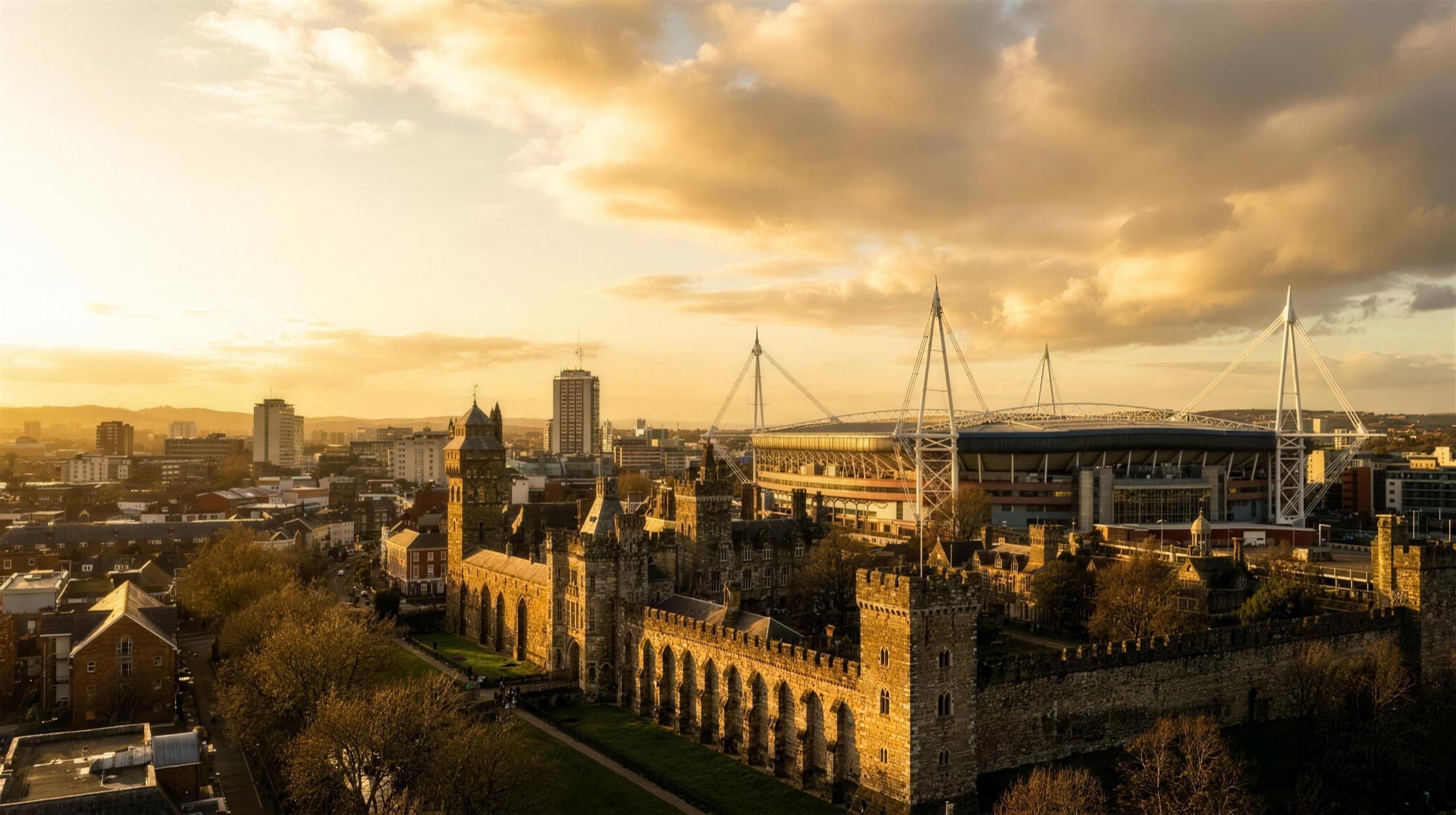 Cardiff city centre with the castle and stadium at golden hour