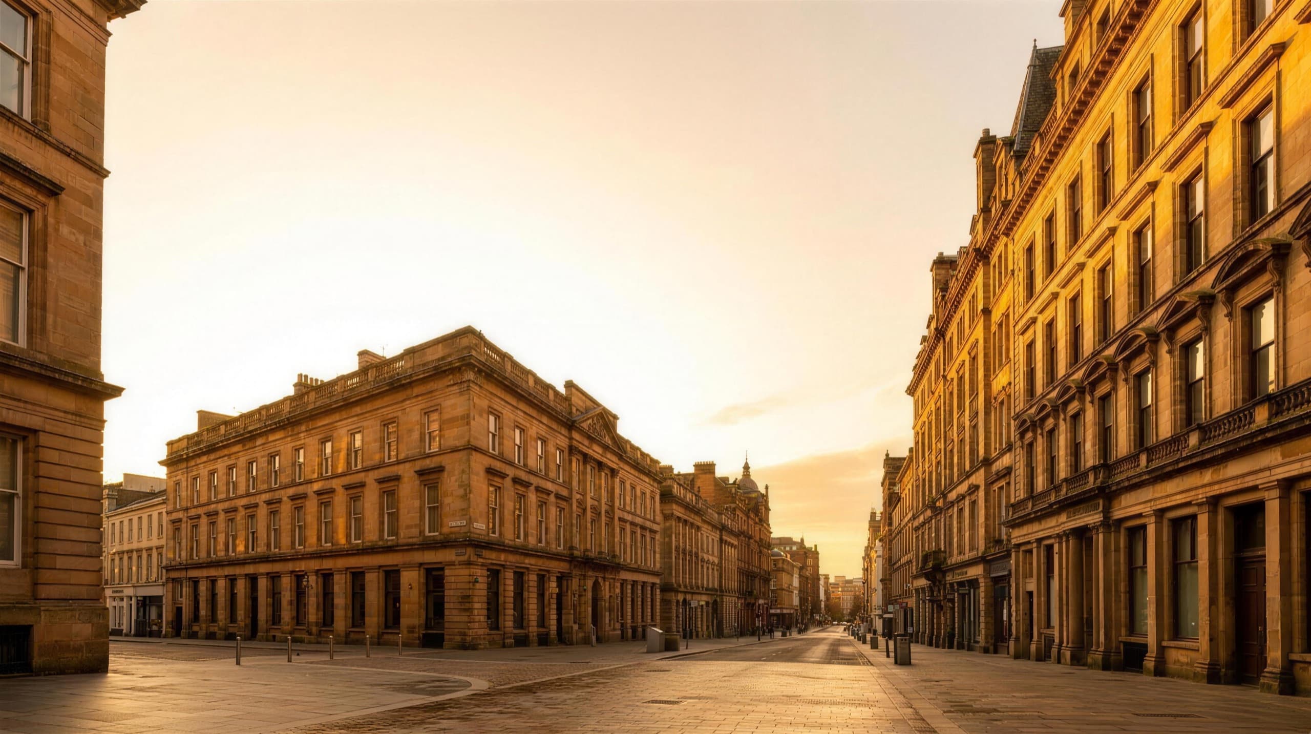 Glasgow city centre Victorian architecture at golden hour