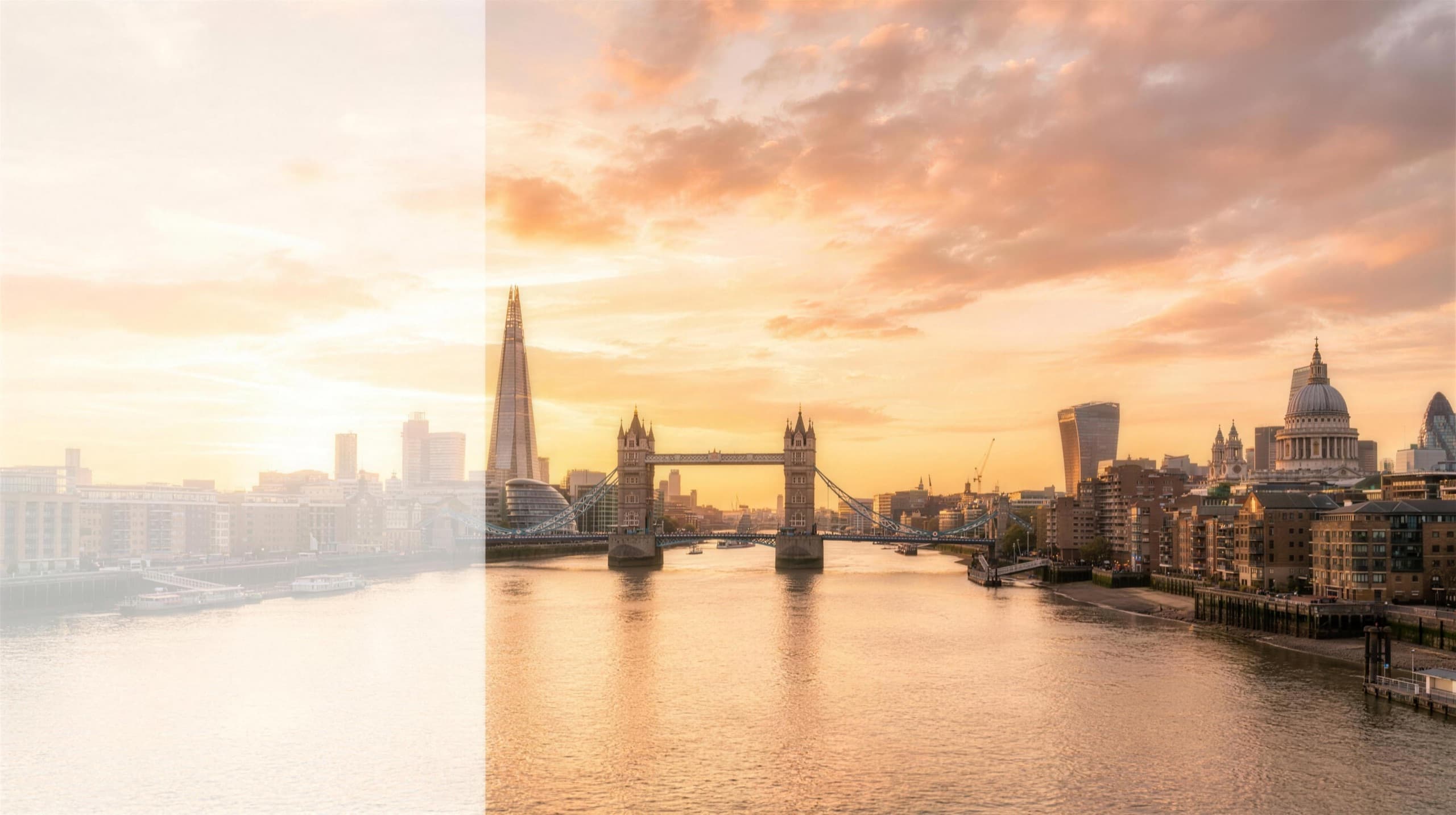 The London skyline along the River Thames at golden hour