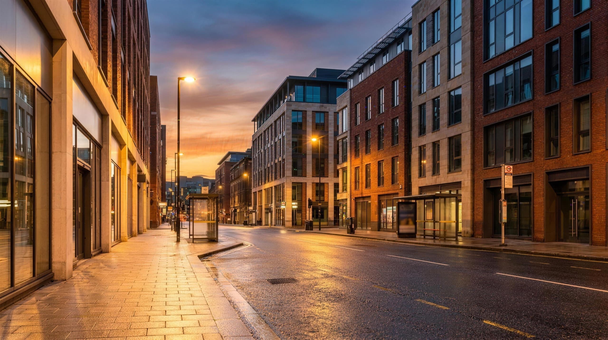 A UK city street at golden hour