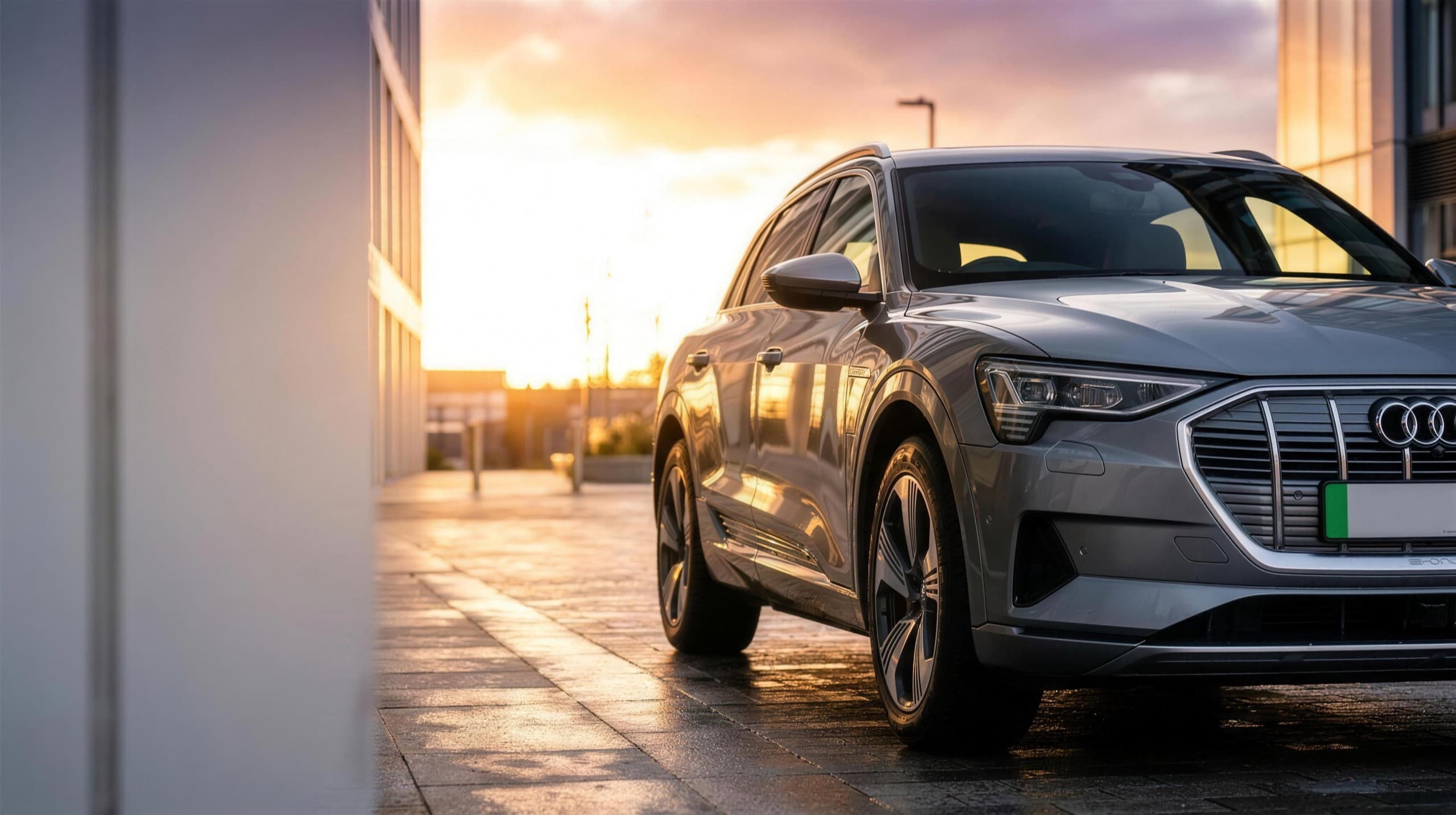A grey Audi e-tron electric executive private-hire car on a golden-hour city street