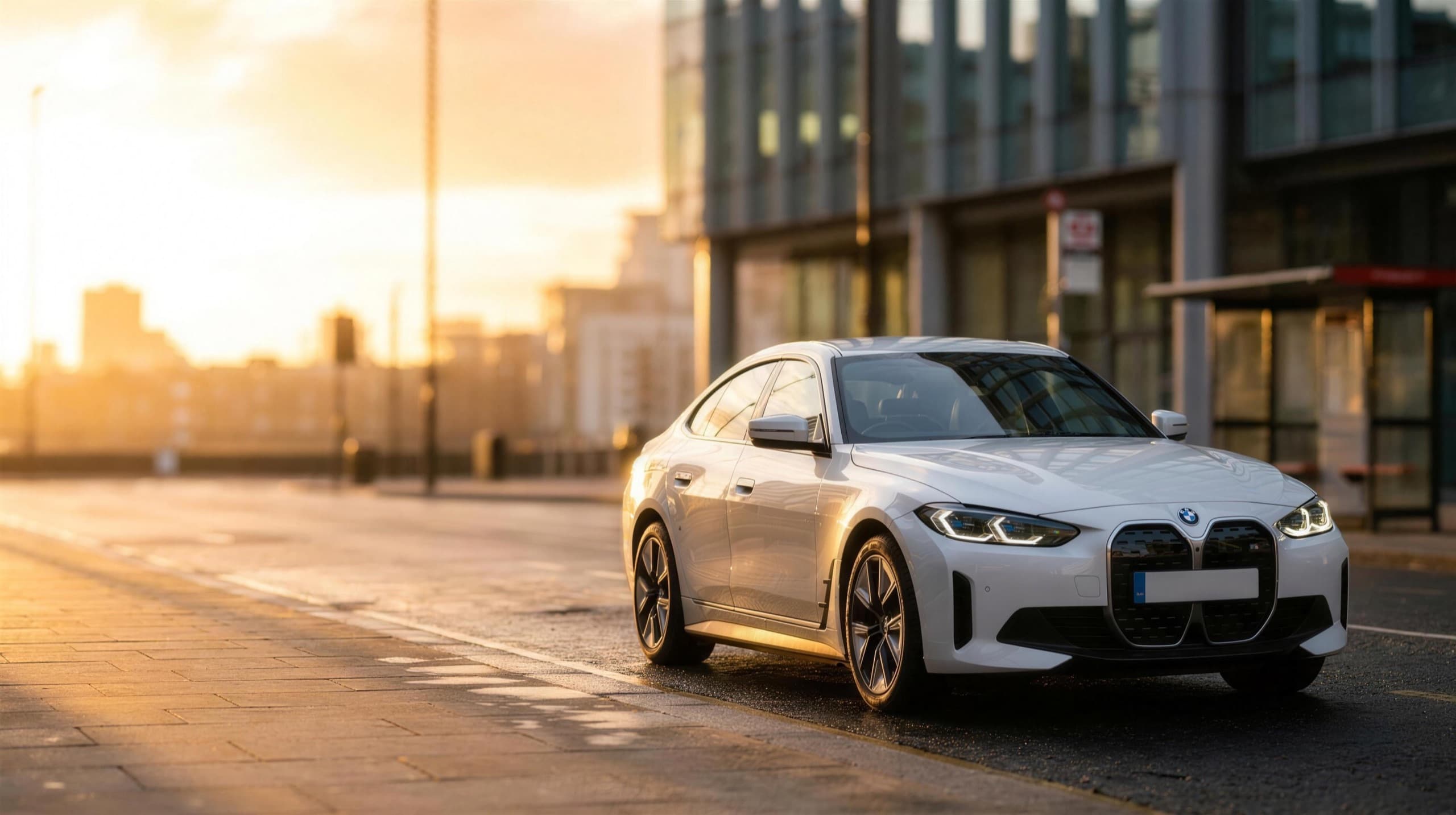 A white BMW i4 electric executive private-hire car on a golden-hour city street
