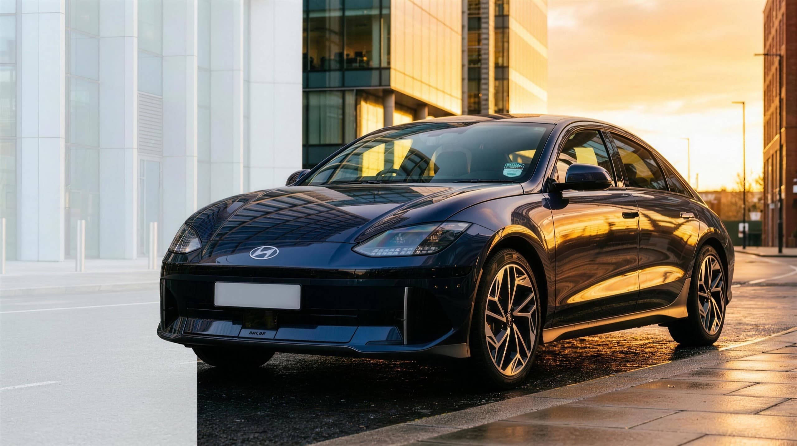 A dark blue Hyundai Ioniq 6 electric private-hire car on a golden-hour city street