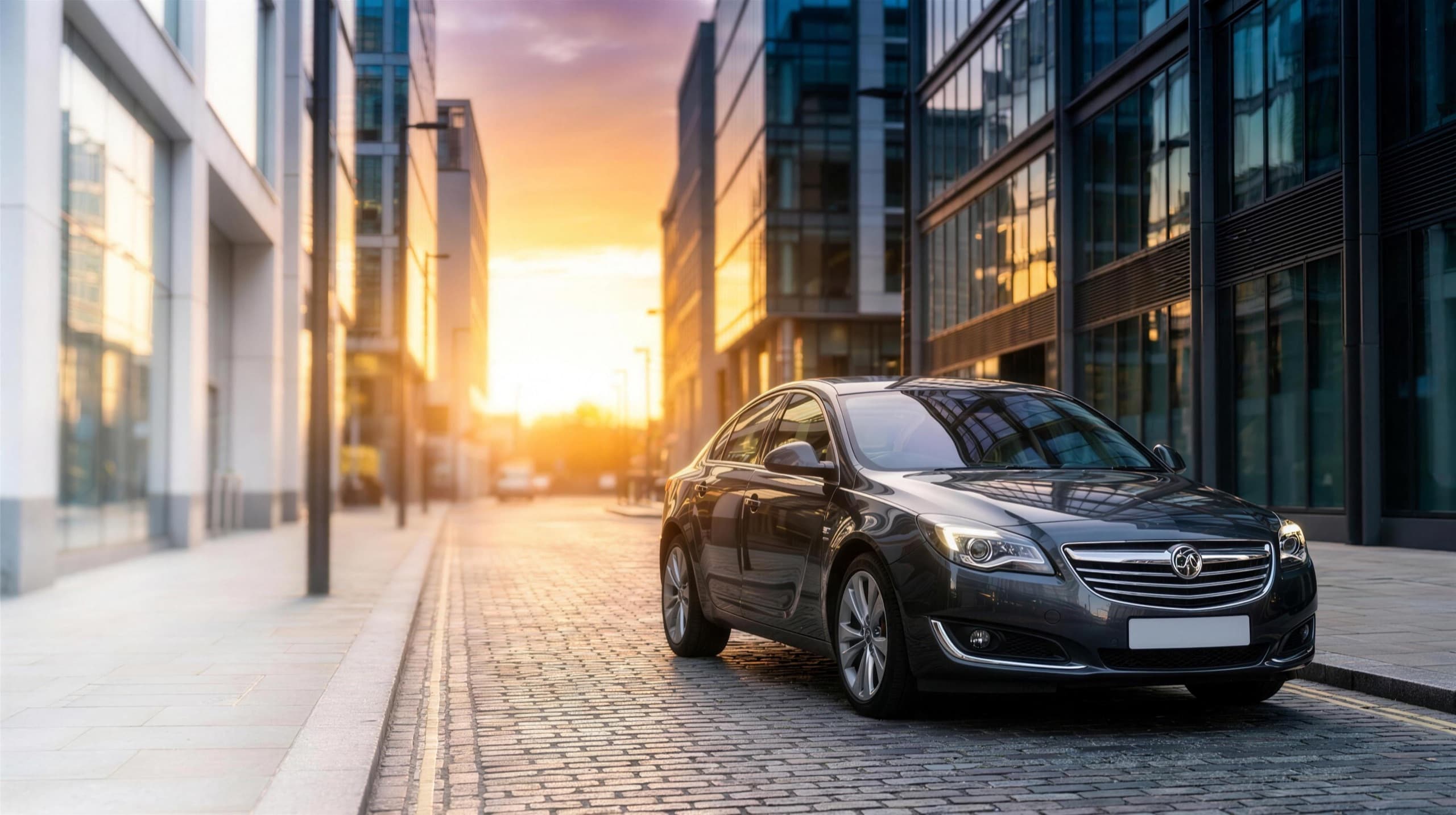 A grey Vauxhall Insignia executive private-hire saloon on a golden-hour city street