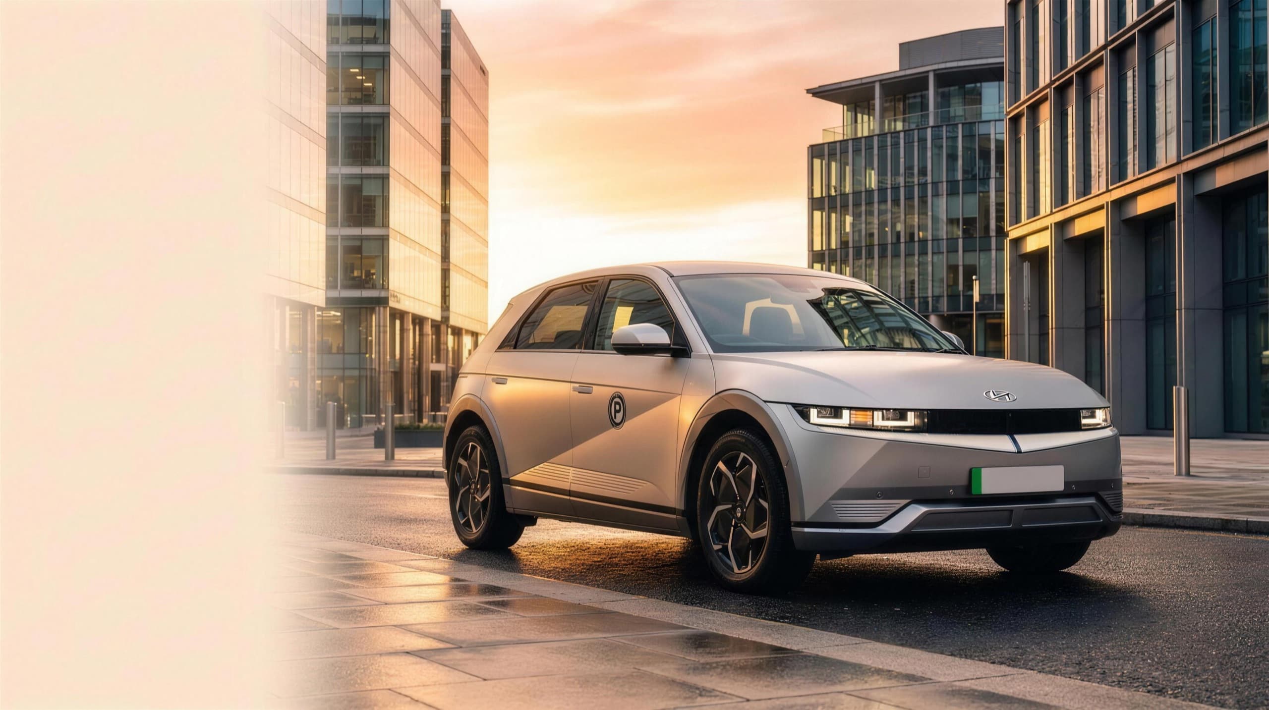 A silver Hyundai Ioniq 5 electric private-hire car on a golden-hour city street