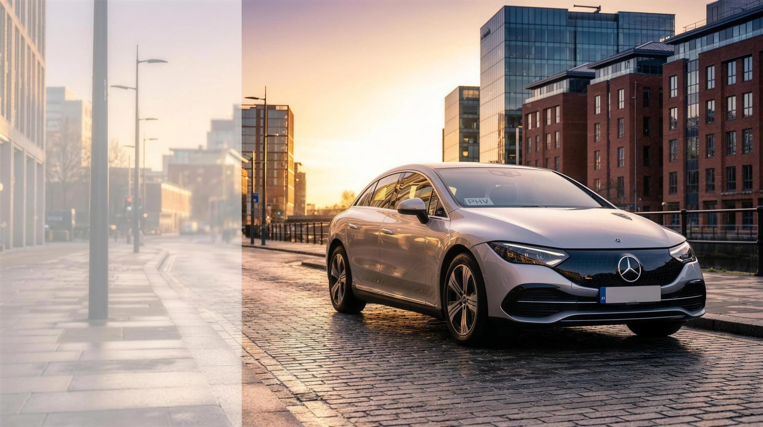 A silver Mercedes-Benz EQE electric chauffeur car on a golden-hour city street