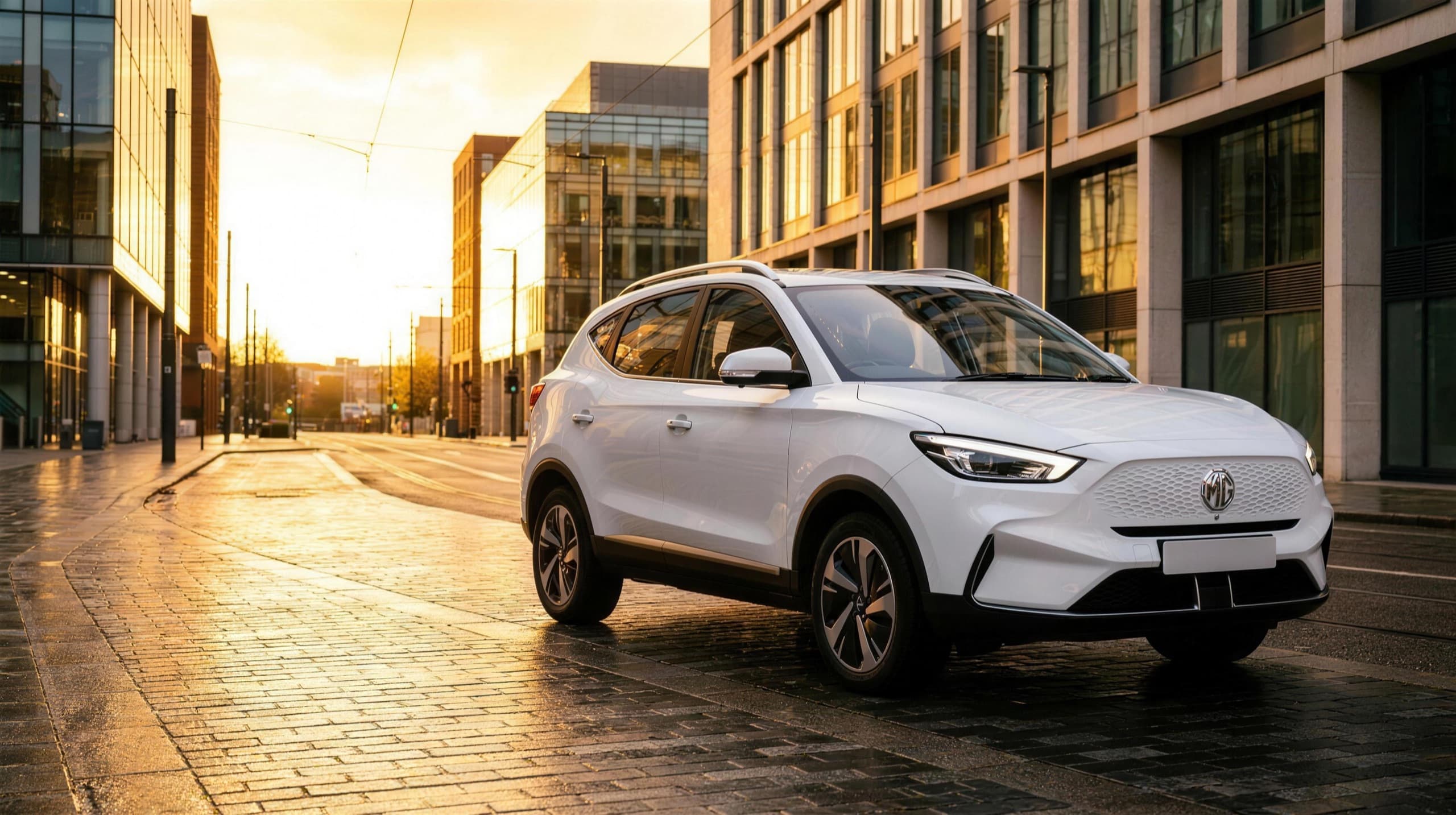 A white MG ZS electric private-hire crossover on a golden-hour city street