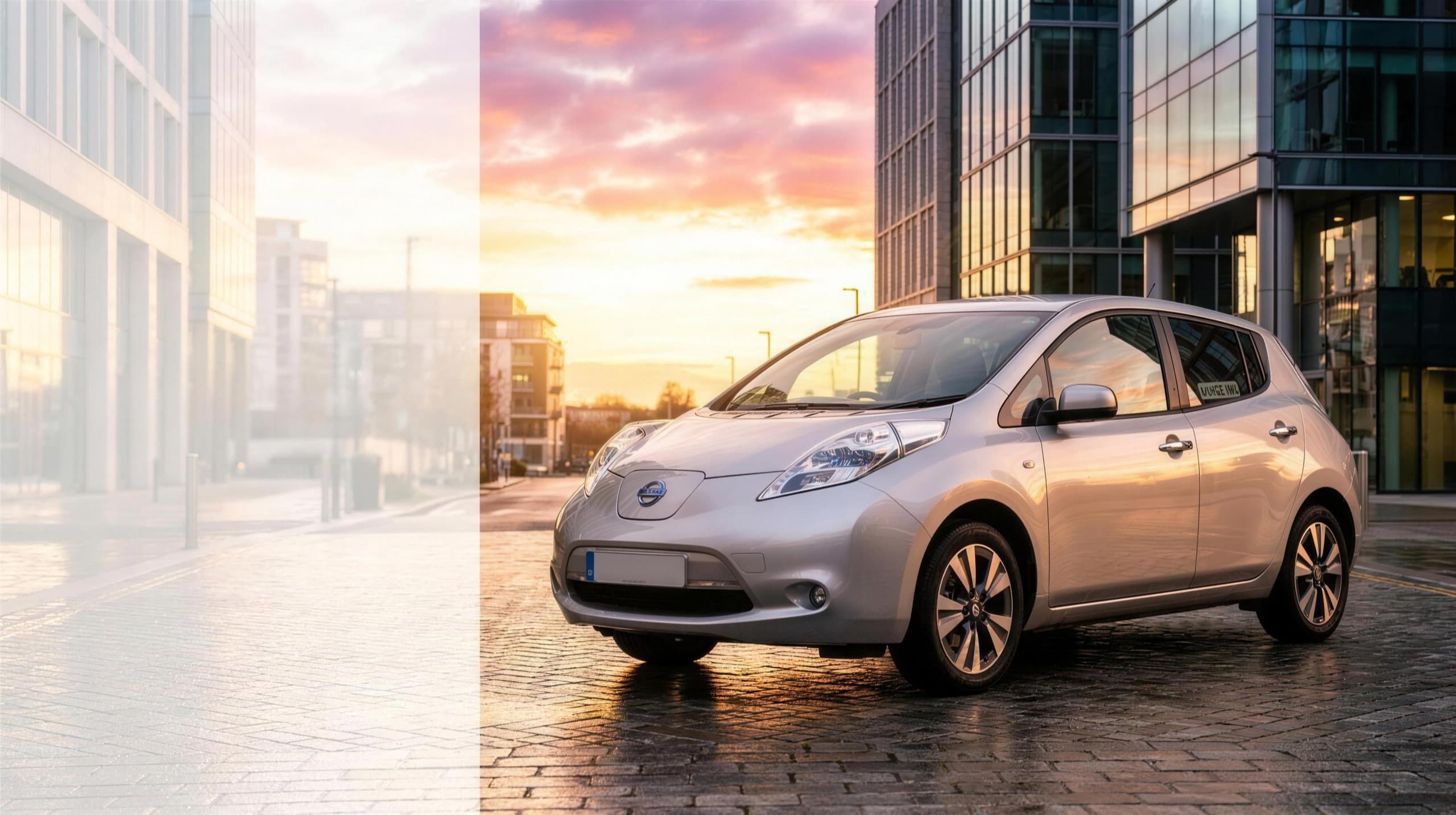 A silver Nissan Leaf electric private-hire car on a golden-hour city street