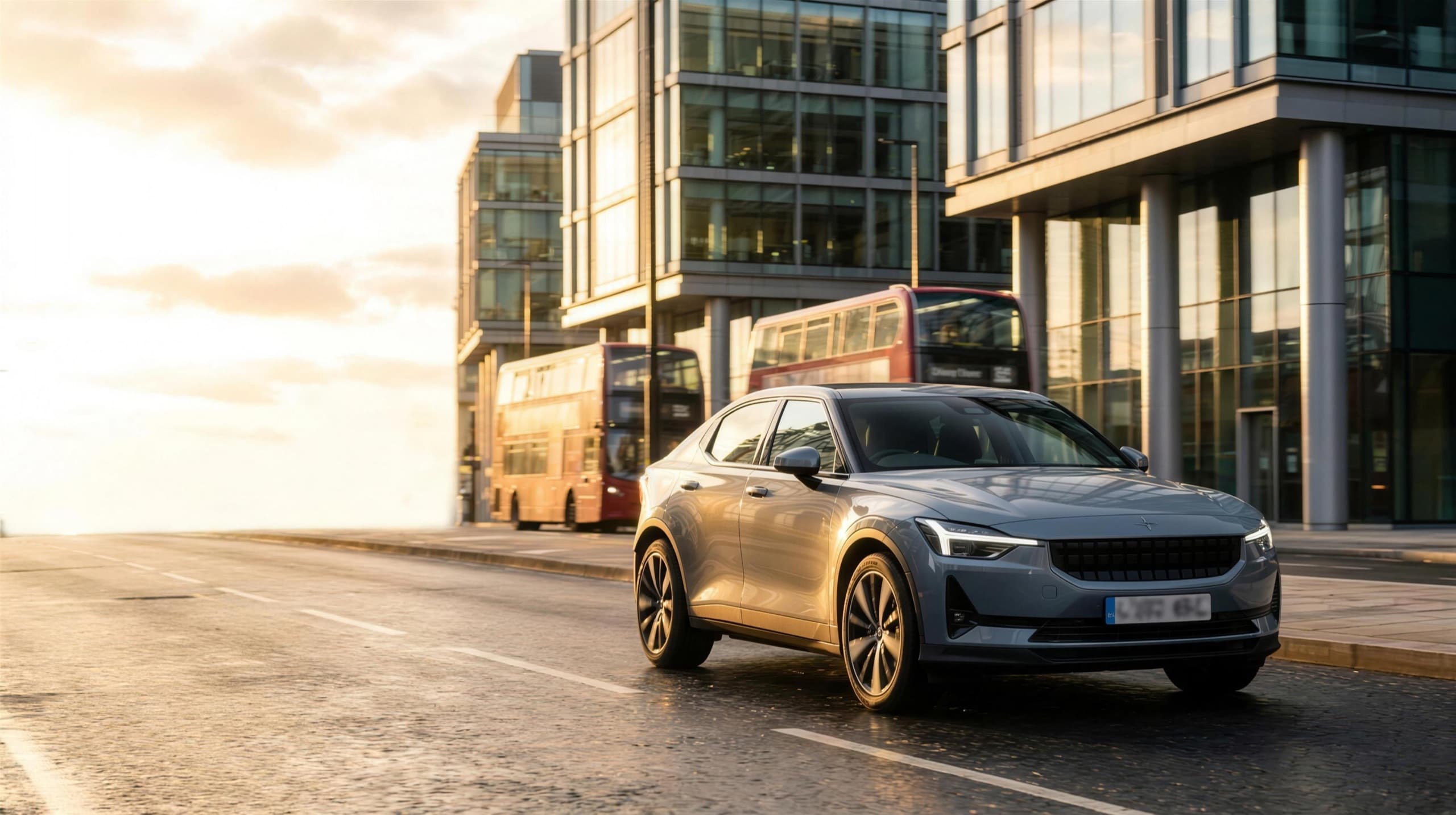 A grey Polestar 2 electric private-hire car on a golden-hour city street