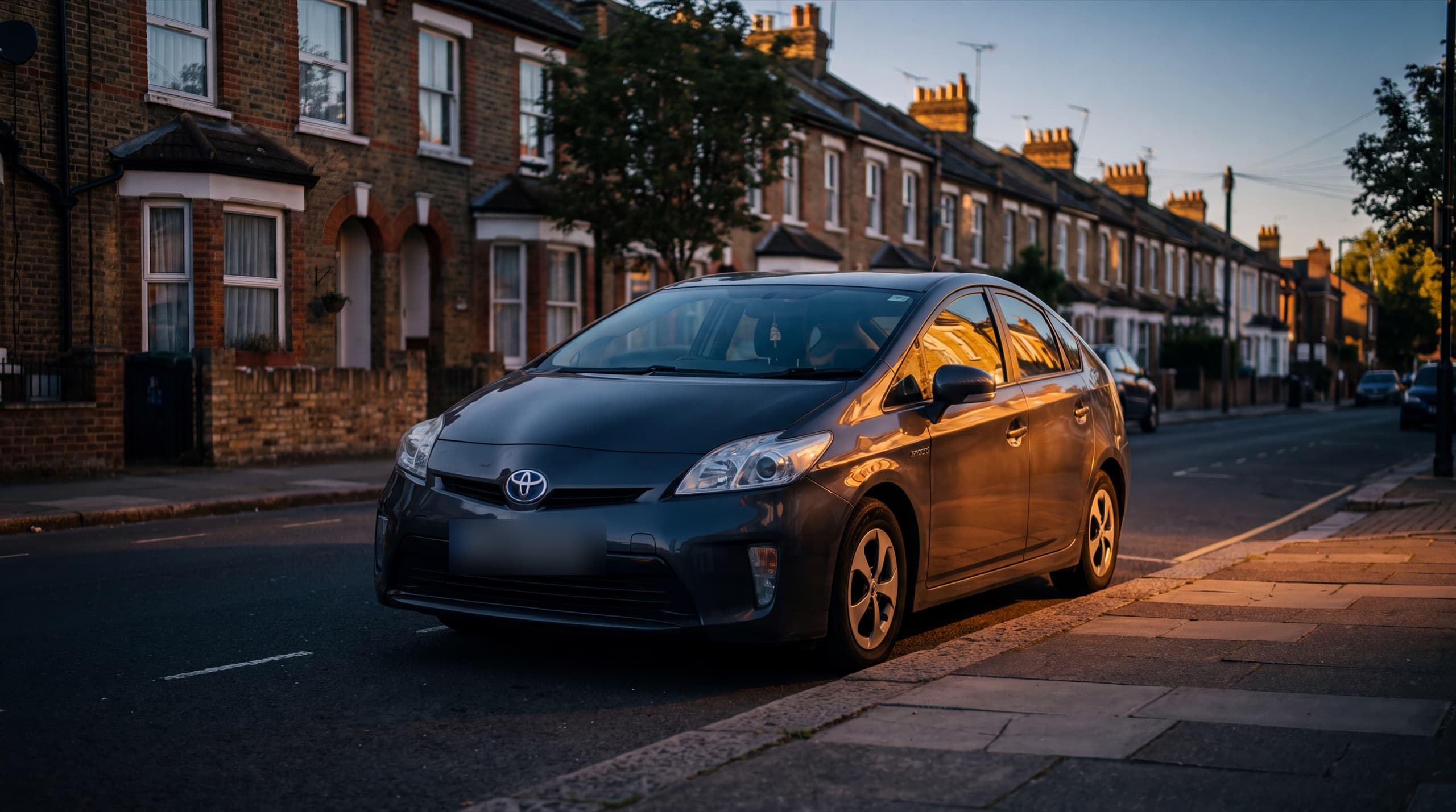 A grey Toyota Prius parked on a terraced London street at golden hour