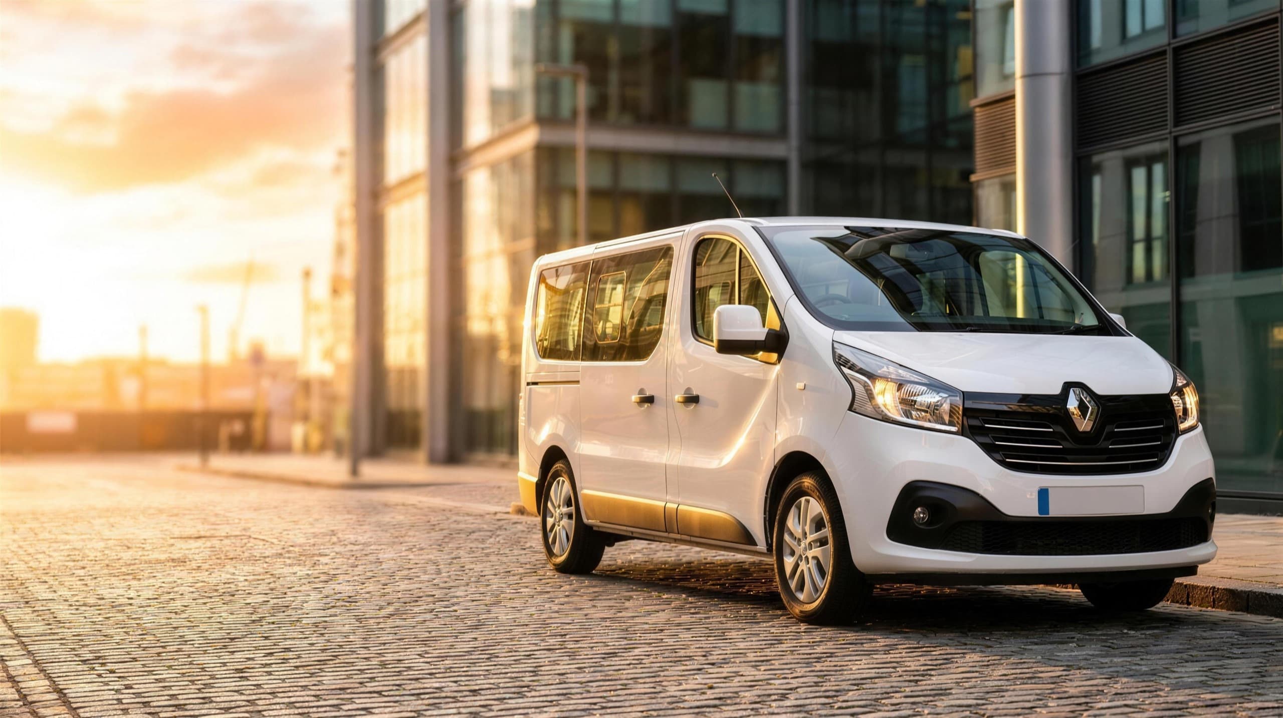A white Renault Trafic passenger minibus on a golden-hour city street