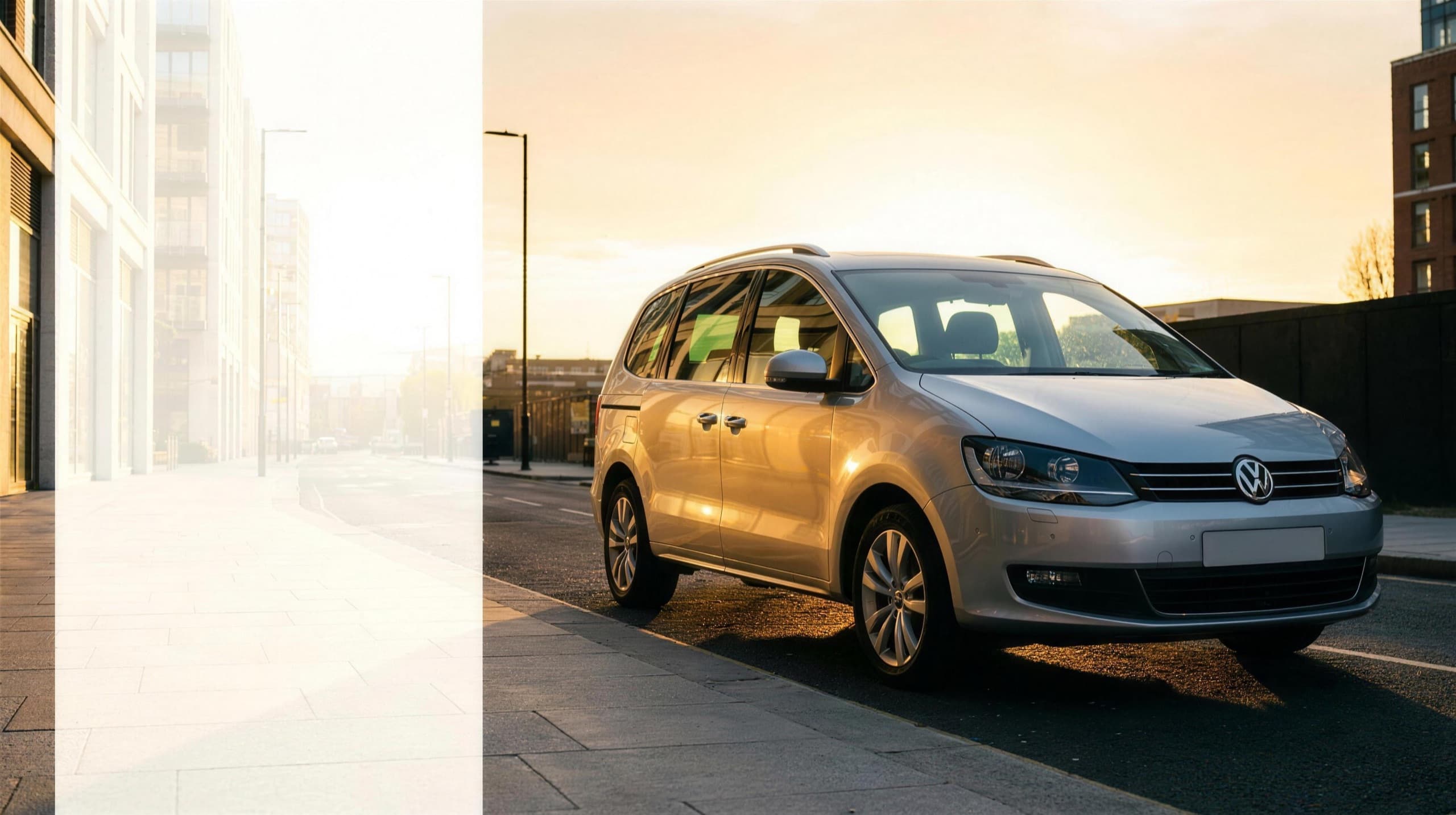 A silver Volkswagen Sharan seven-seat MPV private-hire car on a golden-hour city street