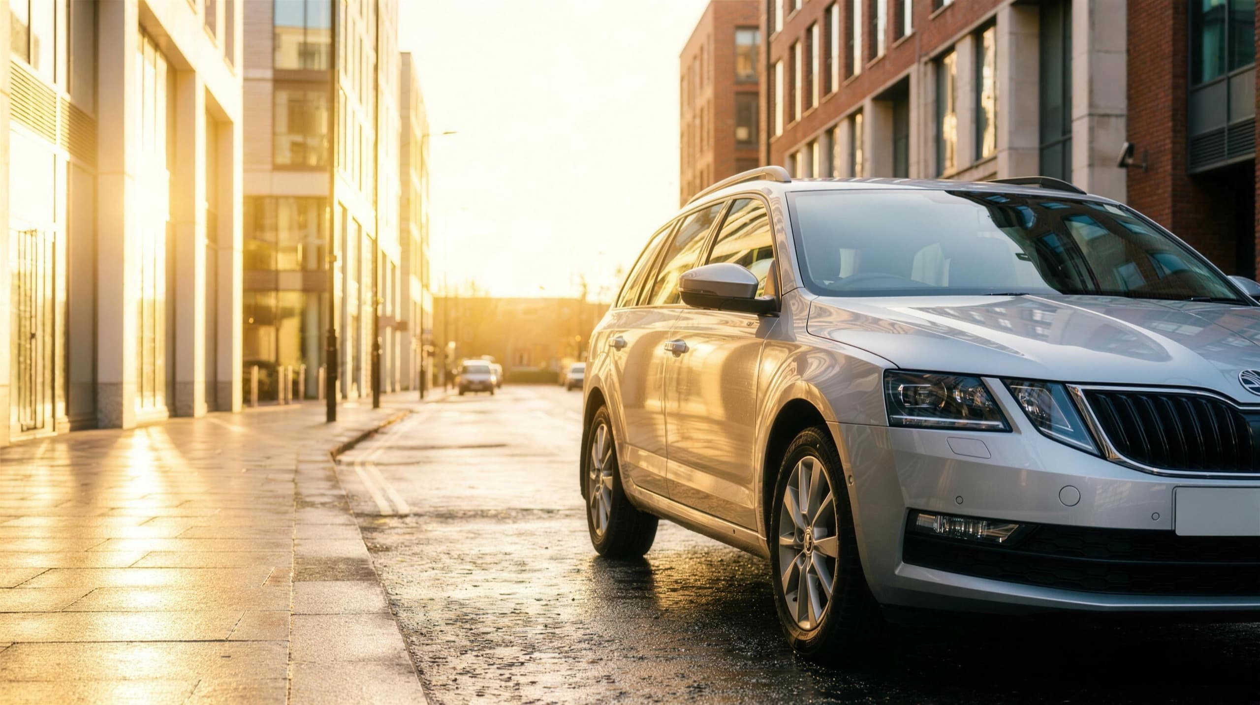 A silver Skoda Octavia private-hire estate on a golden-hour city street