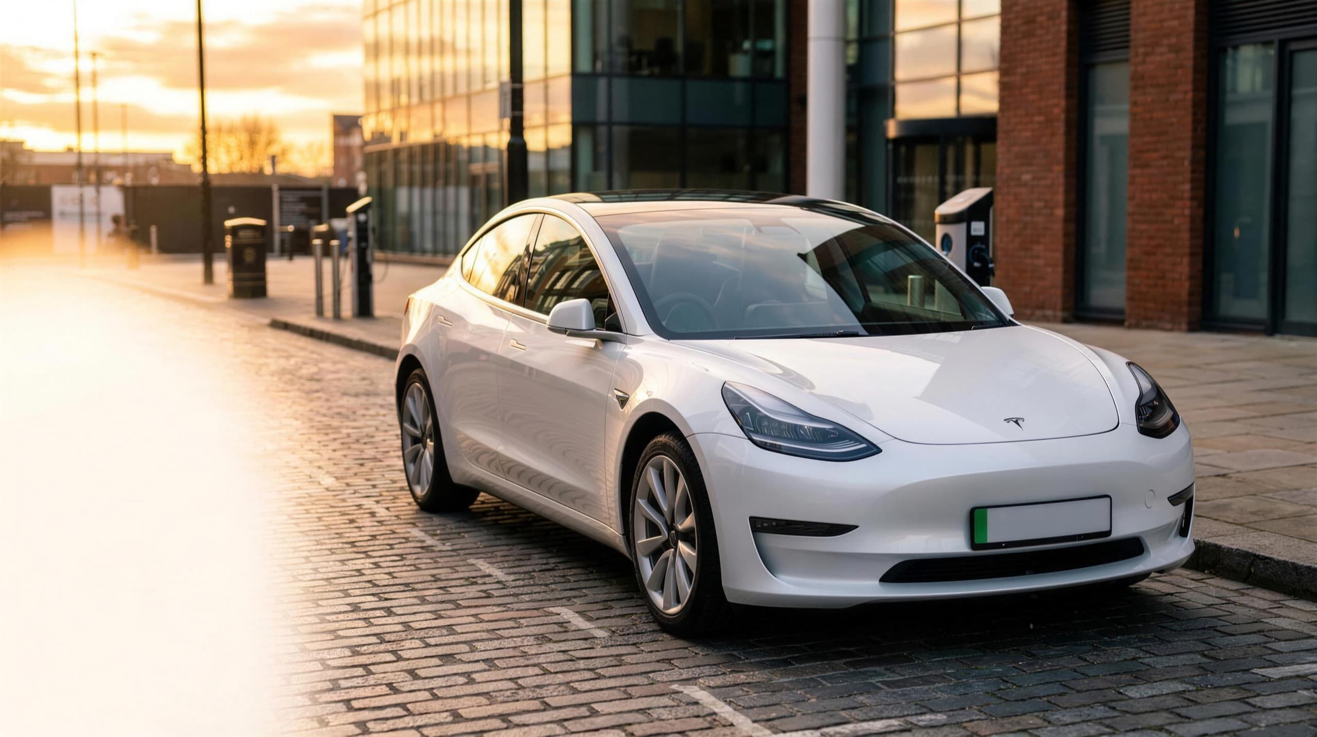 A white Tesla Model 3 electric private-hire car on a golden-hour city street