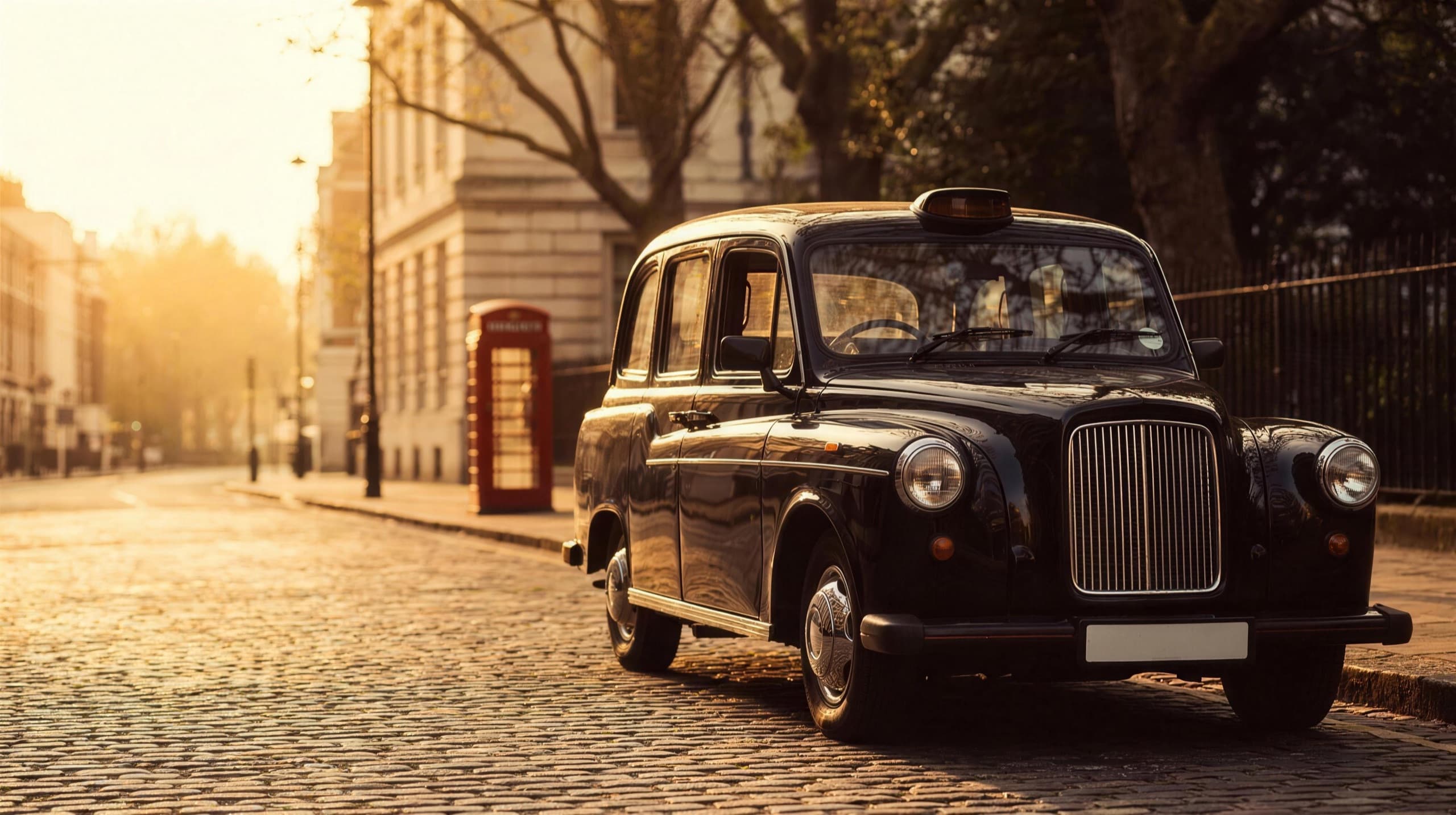 A vintage classic TX1 / Fairway London black cab on a golden-hour cobbled street