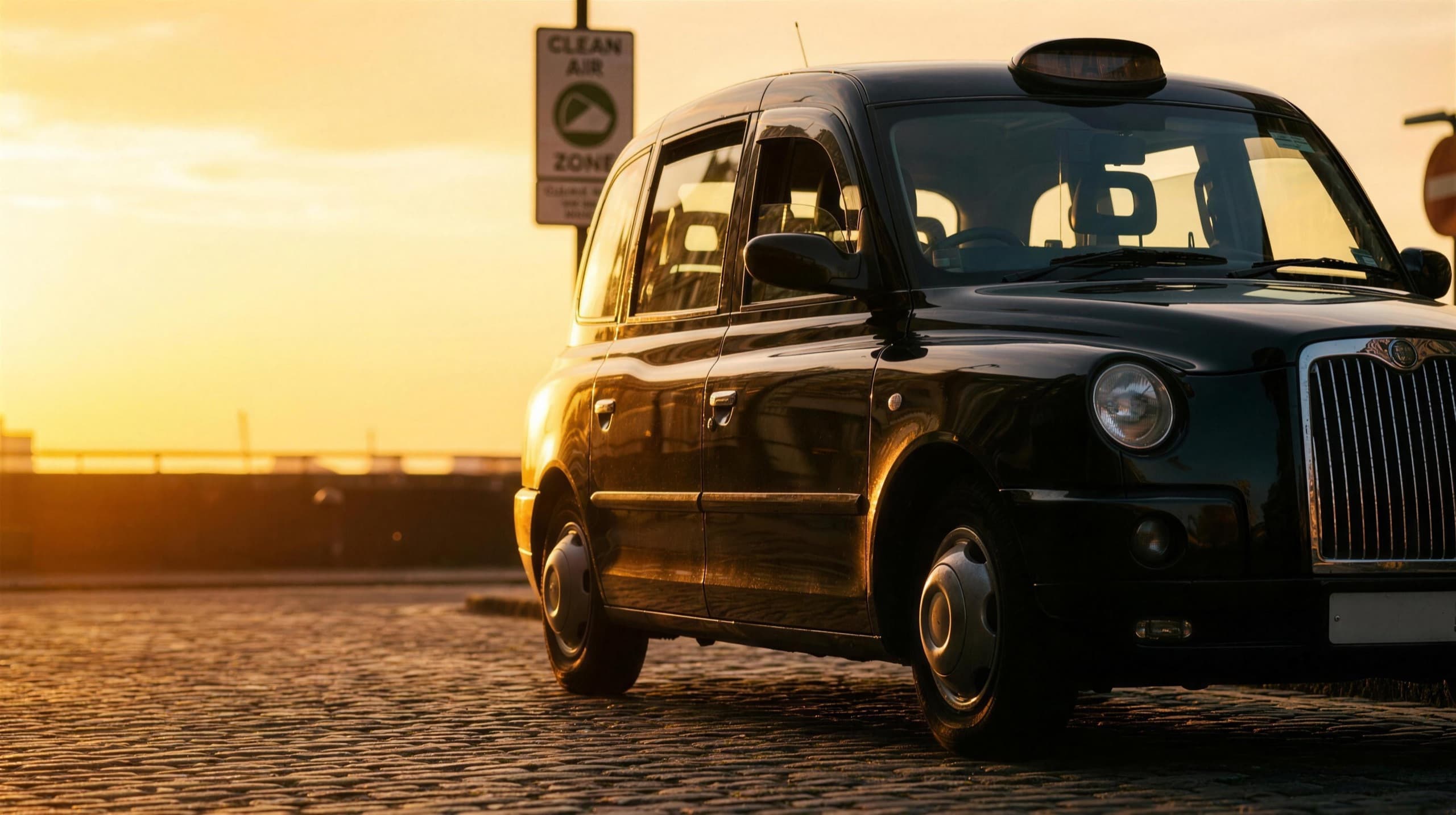 A diesel London black cab on a golden-hour street