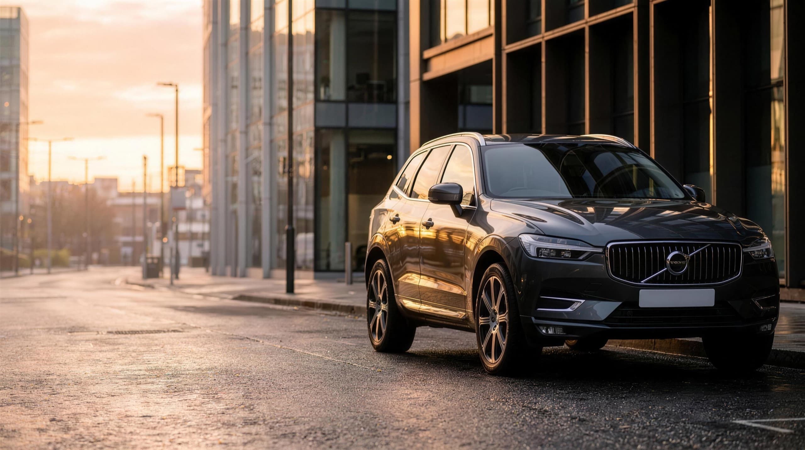 A dark grey Volvo XC60 executive private-hire SUV on a golden-hour city street