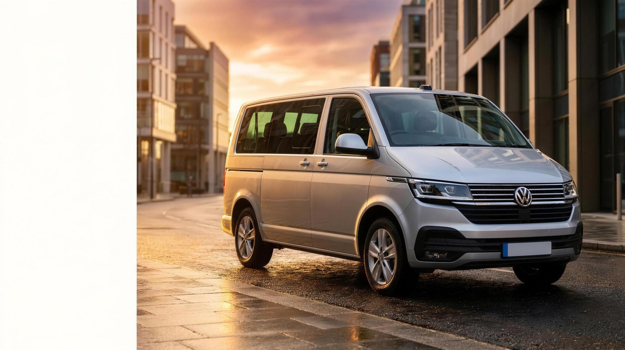 A silver Volkswagen Caravelle people-carrier on a golden-hour city street
