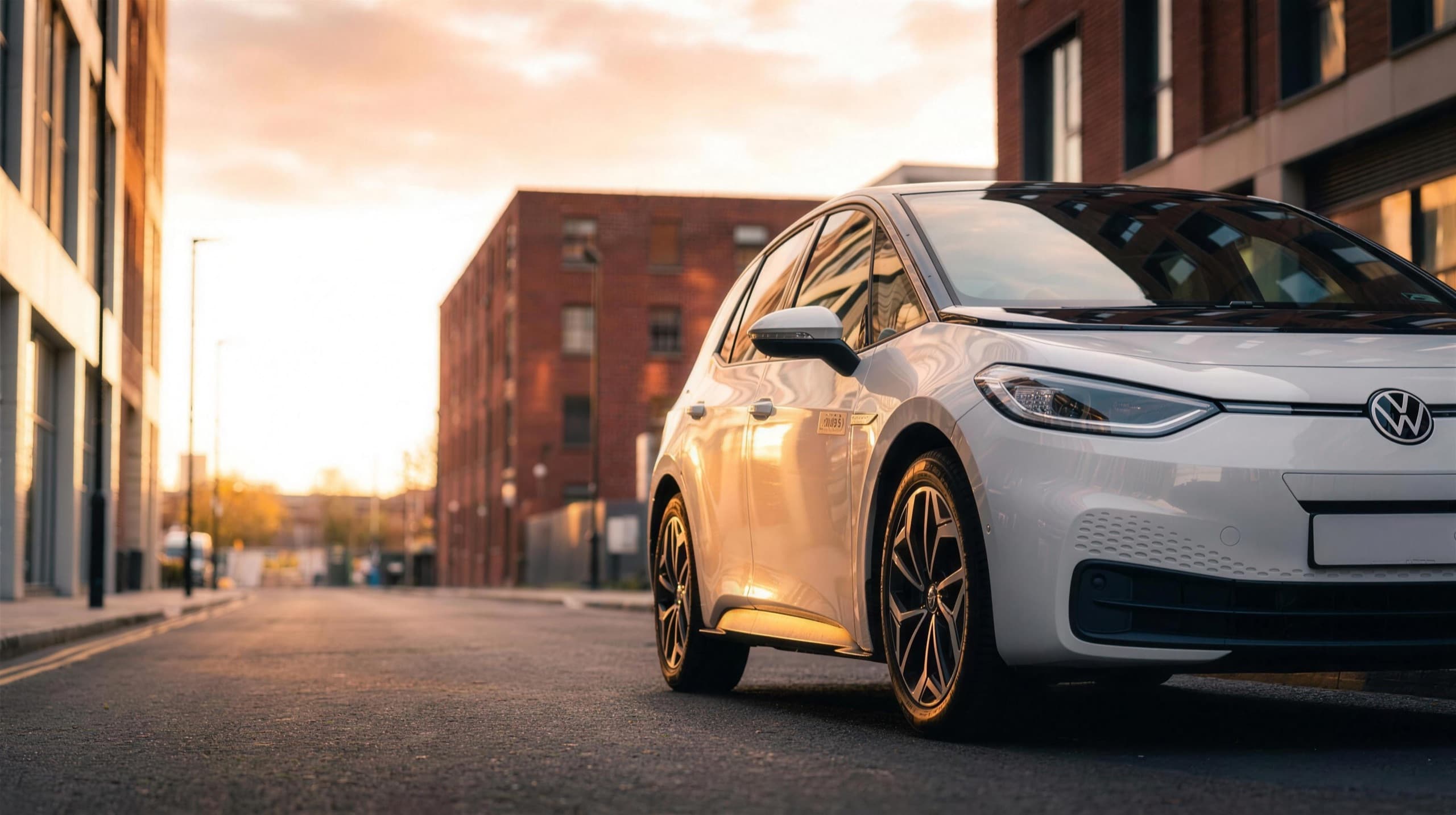 A white Volkswagen ID electric private-hire car on a golden-hour city street